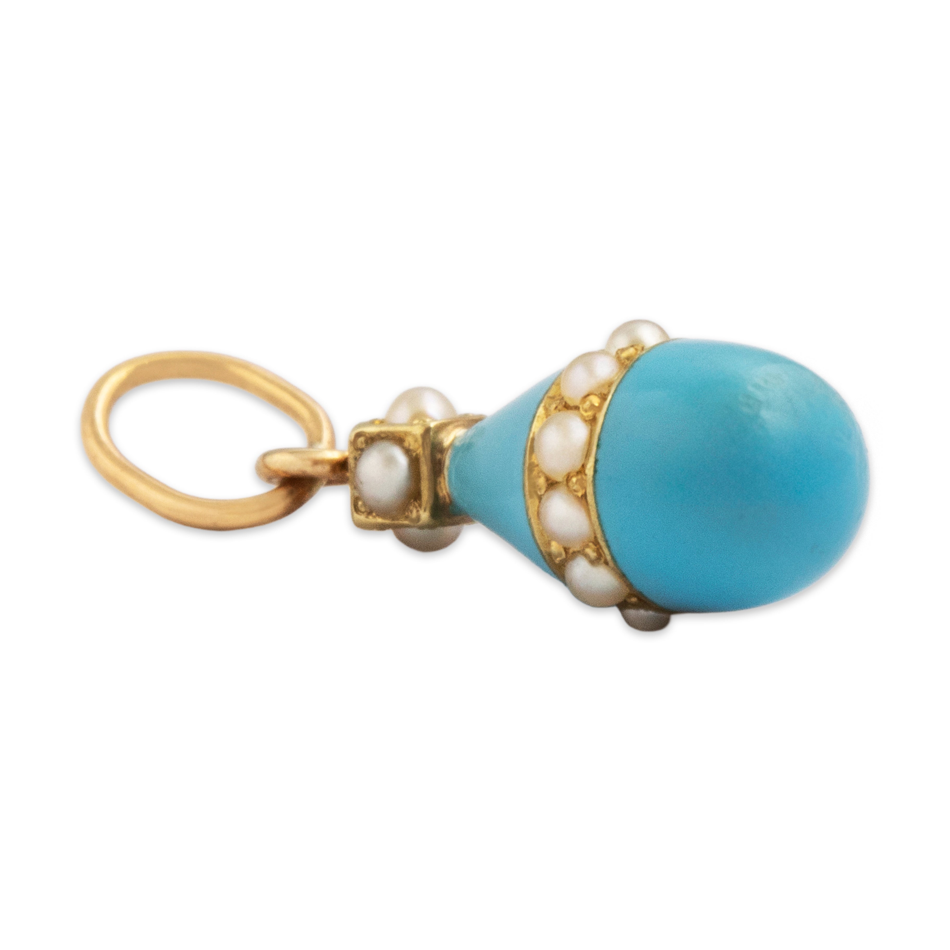 Antique 14k Yellow Gold Pearl Robin's Egg Blue Enamel Drop Charm / Pendant - detail view #2