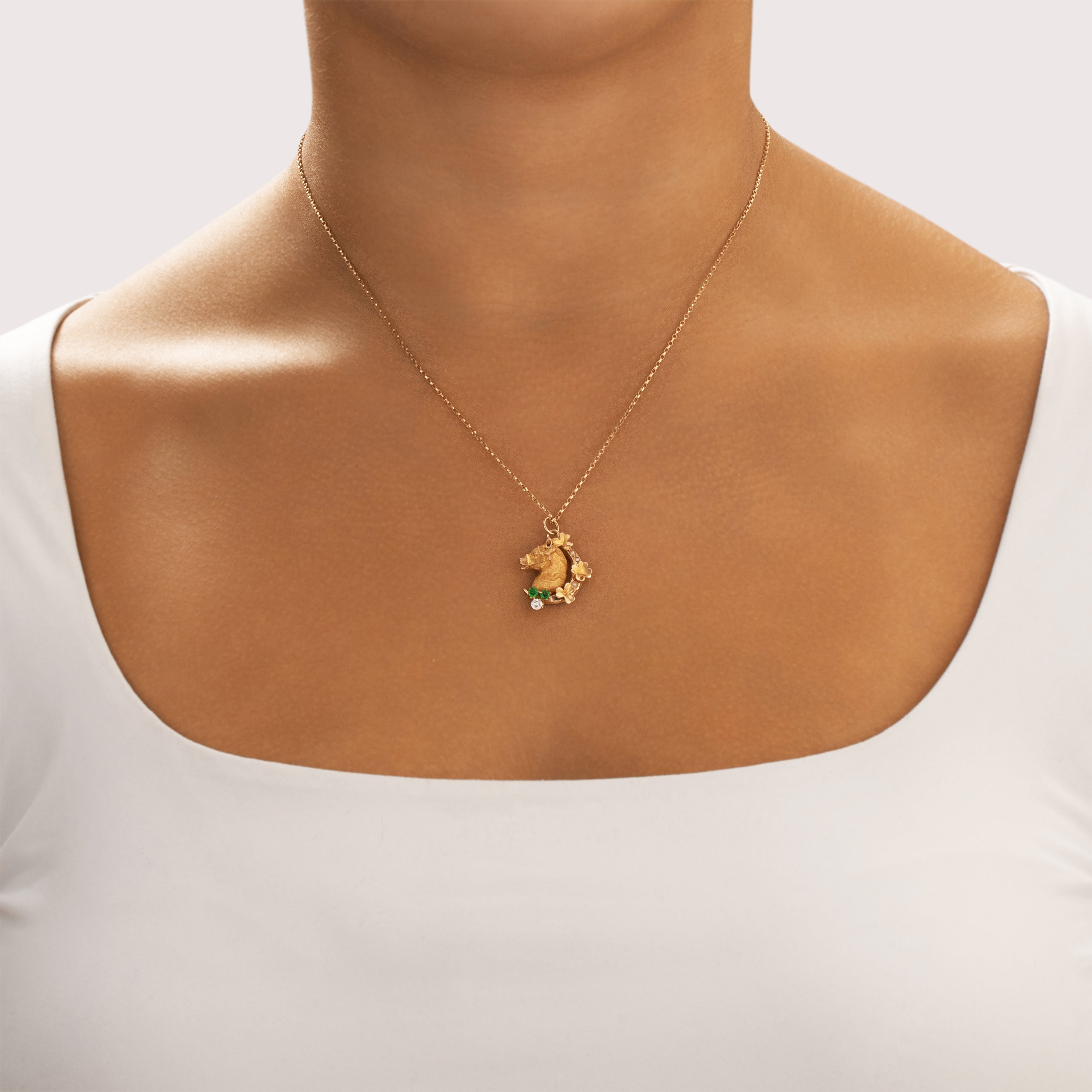 Antique Edwardian 14k Rosy Yellow Gold Diamond Green Glass Seed Pearl Lucky Horse Pendant - On model view