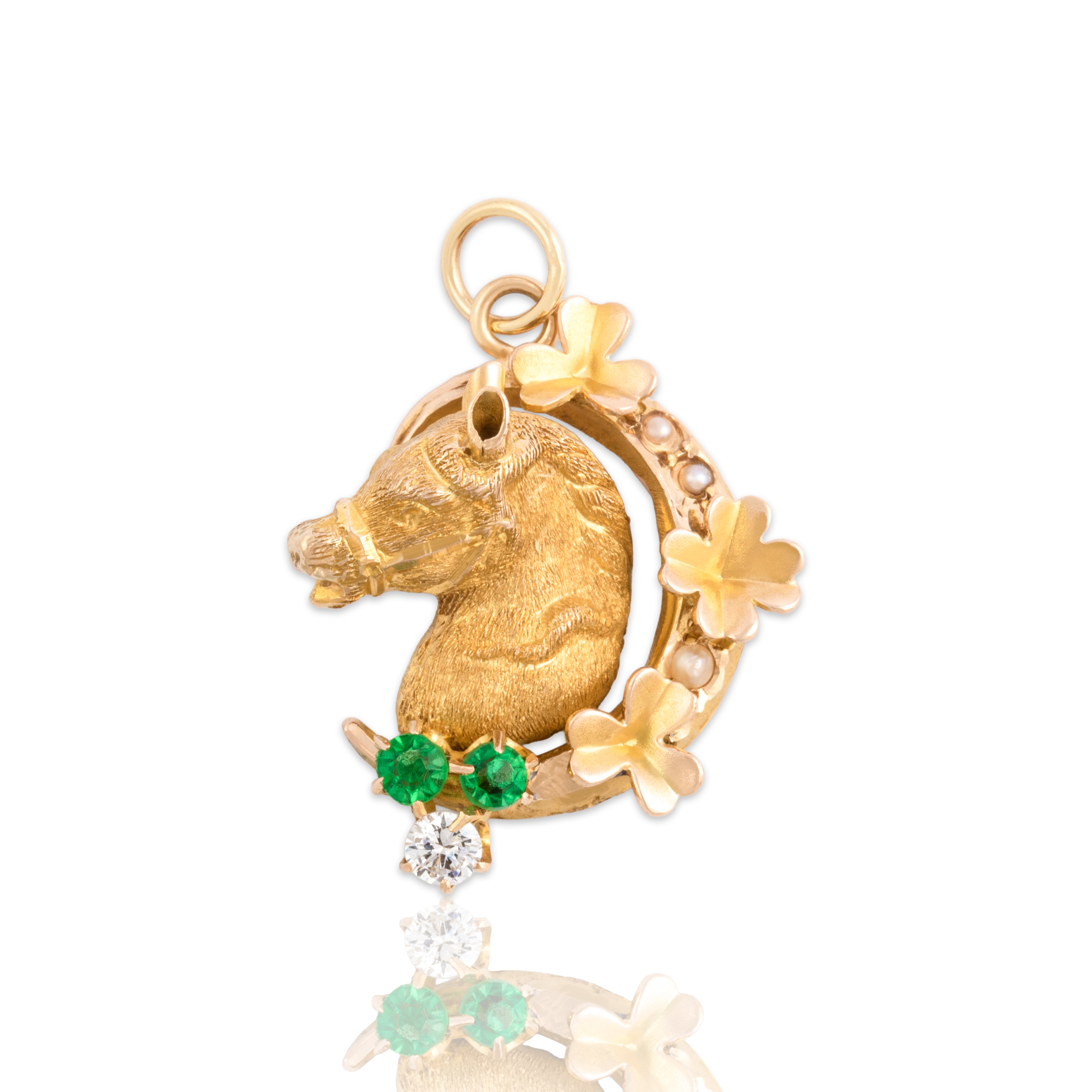 Antique Edwardian 14k Rosy Yellow Gold Diamond Green Glass Seed Pearl Lucky Horse Pendant - Close-up view