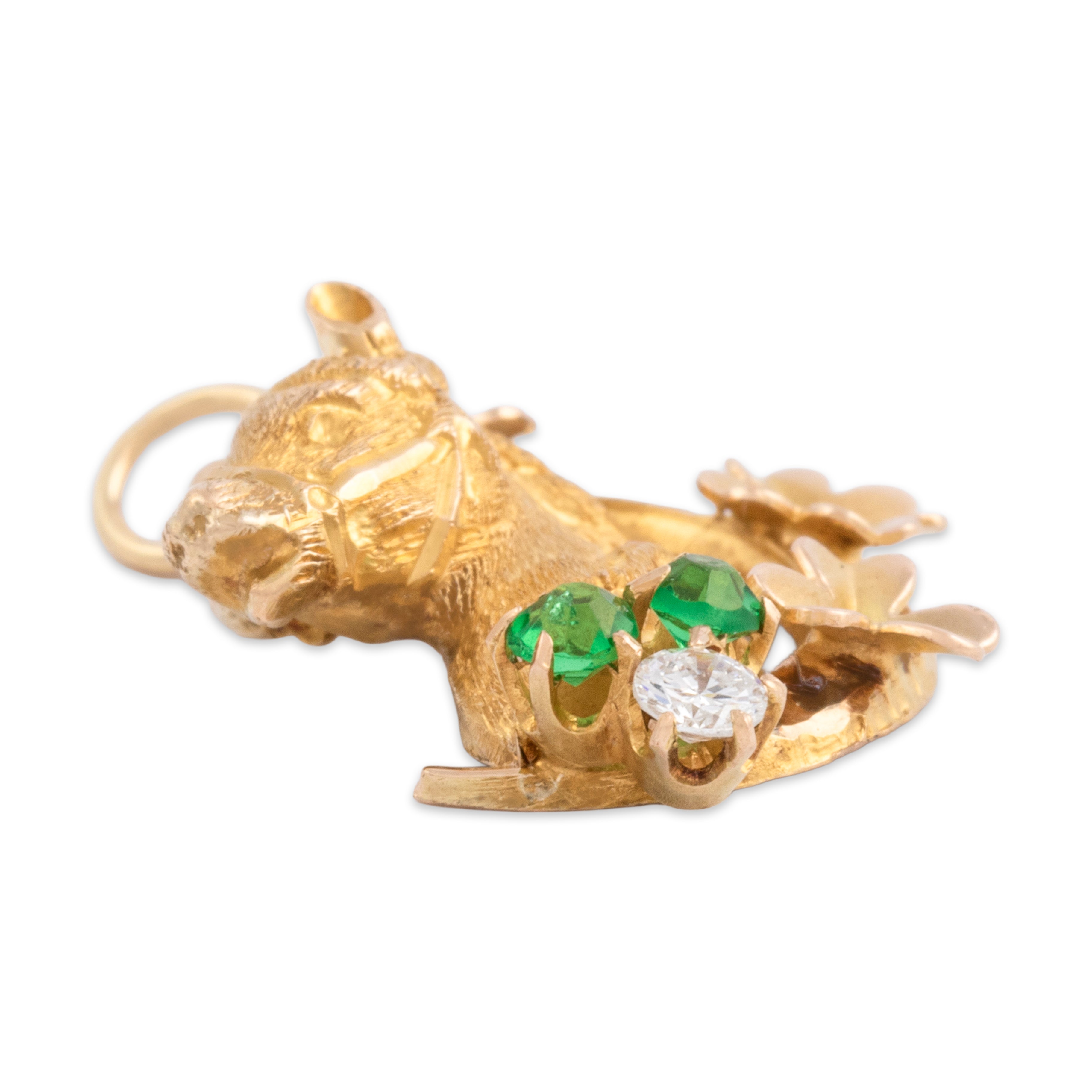 Antique Edwardian 14k Rosy Yellow Gold Diamond Green Glass Seed Pearl Lucky Horse Pendant - Side view