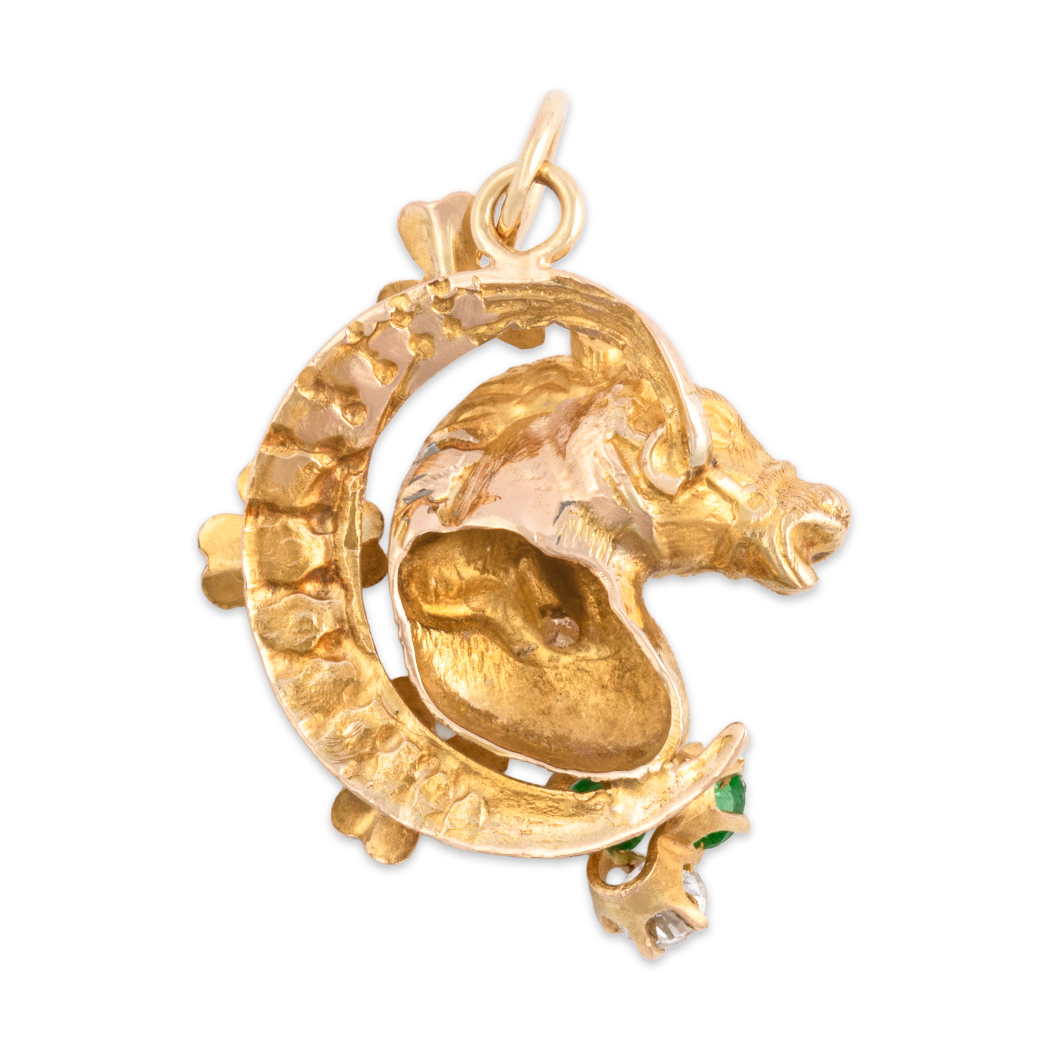 Antique Edwardian 14k Rosy Yellow Gold Diamond Green Glass Seed Pearl Lucky Horse Pendant - Back view