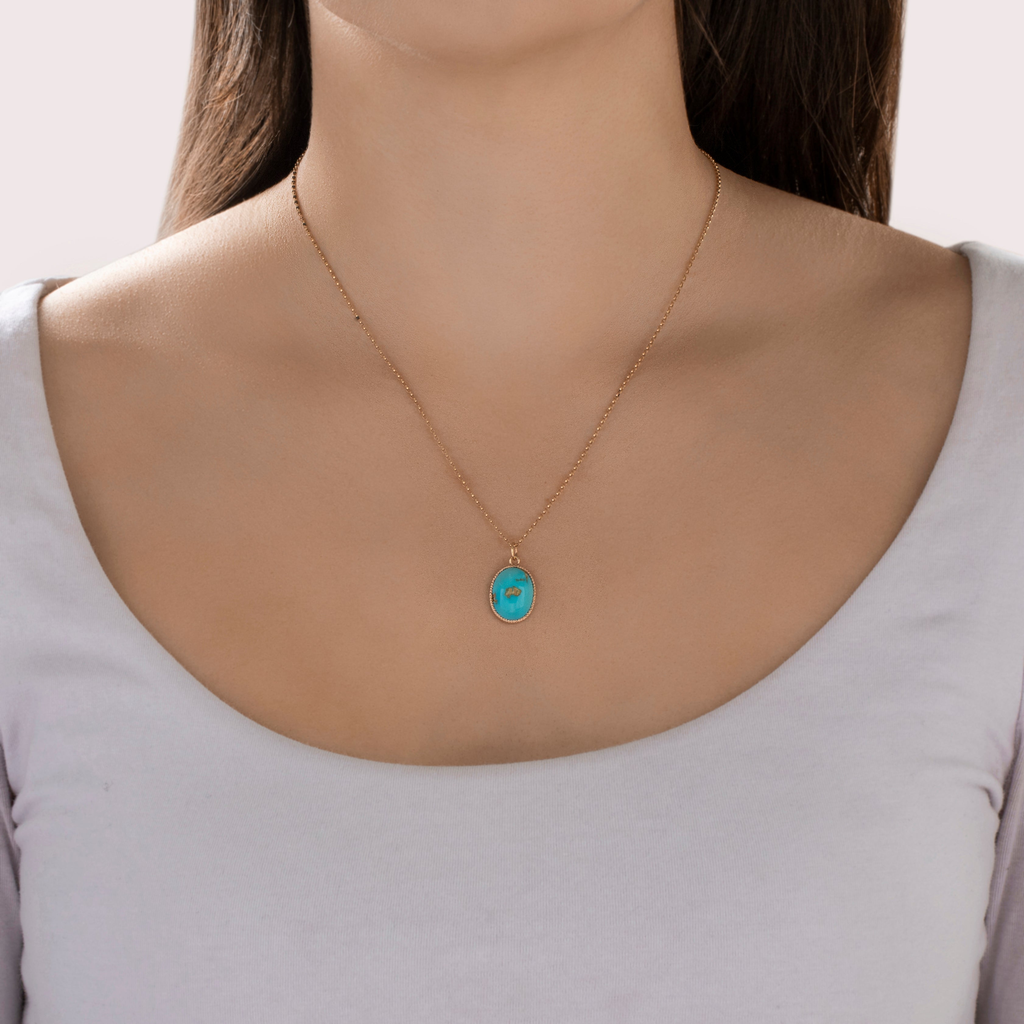 Antique 14k Rosy Yellow Gold Turquoise Beaded Frame Cabochon Charm / Pendant- On model view