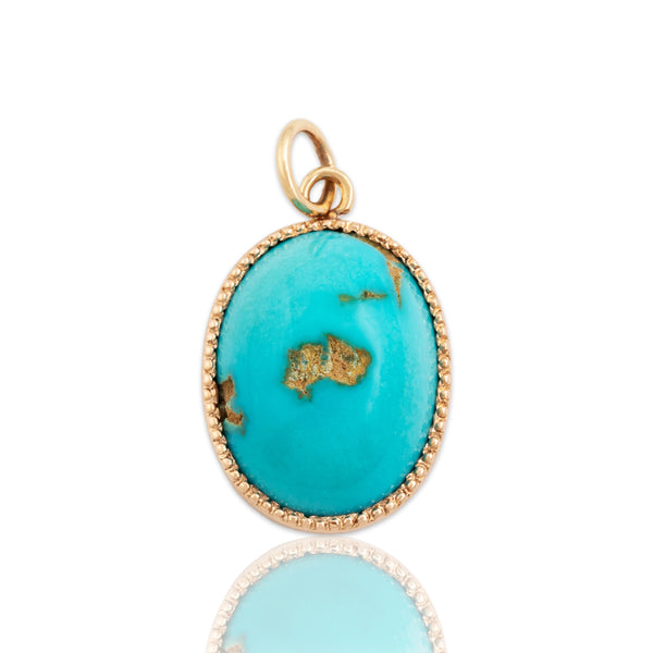 Antique 14k Rosy Yellow Gold Turquoise Beaded Frame Cabochon Charm / Pendant