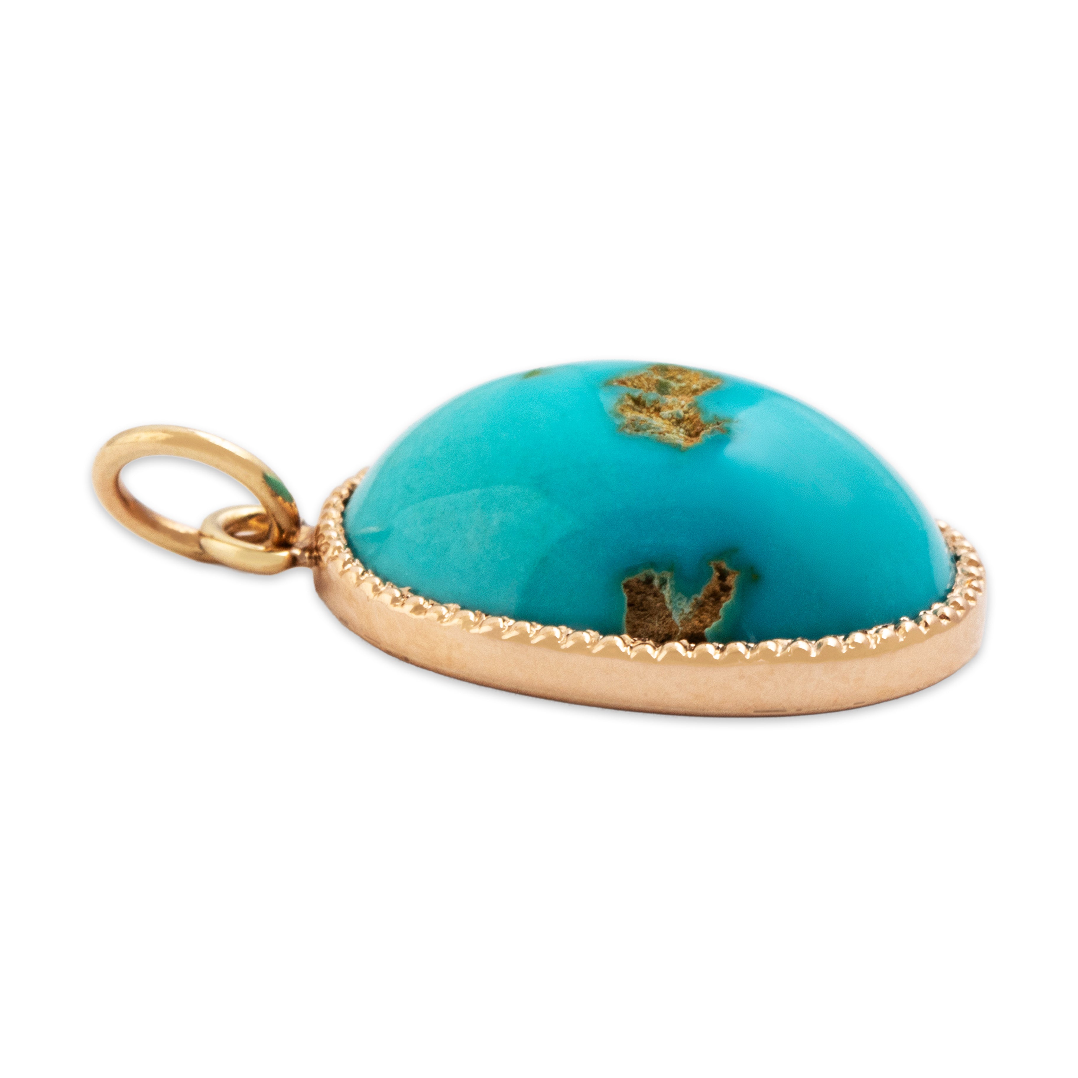 Antique 14k Rosy Yellow Gold Turquoise Beaded Frame Cabochon Charm / Pendant- Side view