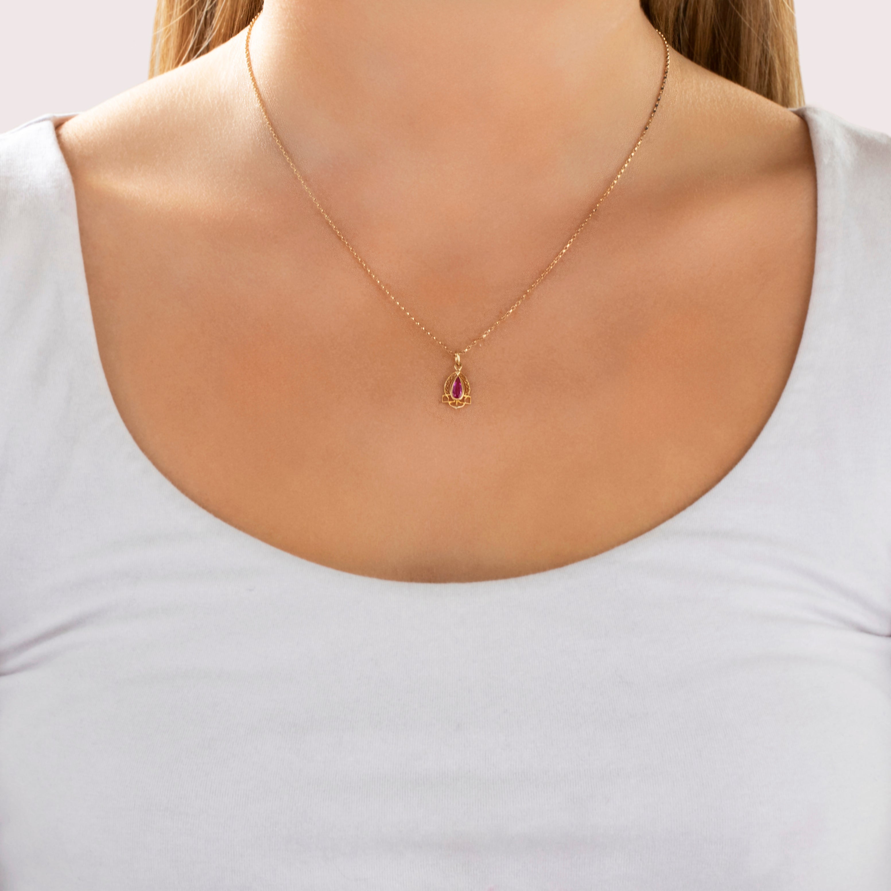 Antique Small Lightweight 10k Yellow Gold Pink Synthetic Sapphire Dimensional Teardrop Charm / Pendant - On model view