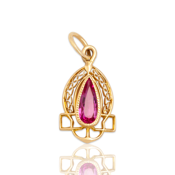 Antique Small 10k Yellow Gold Pink Synthetic Sapphire Teardrop Charm / Pendant