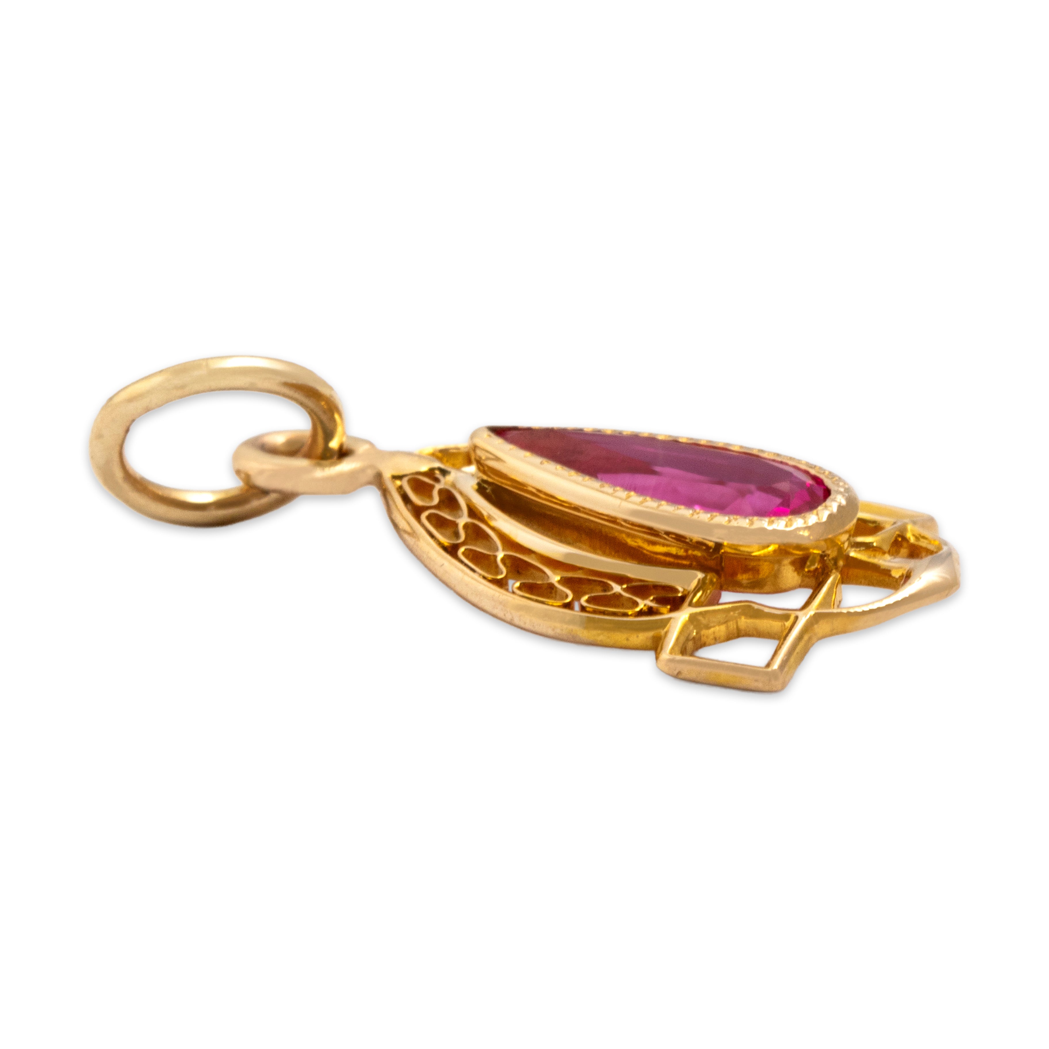 Antique Small Lightweight 10k Yellow Gold Pink Synthetic Sapphire Dimensional Teardrop Charm / Pendant - Side view