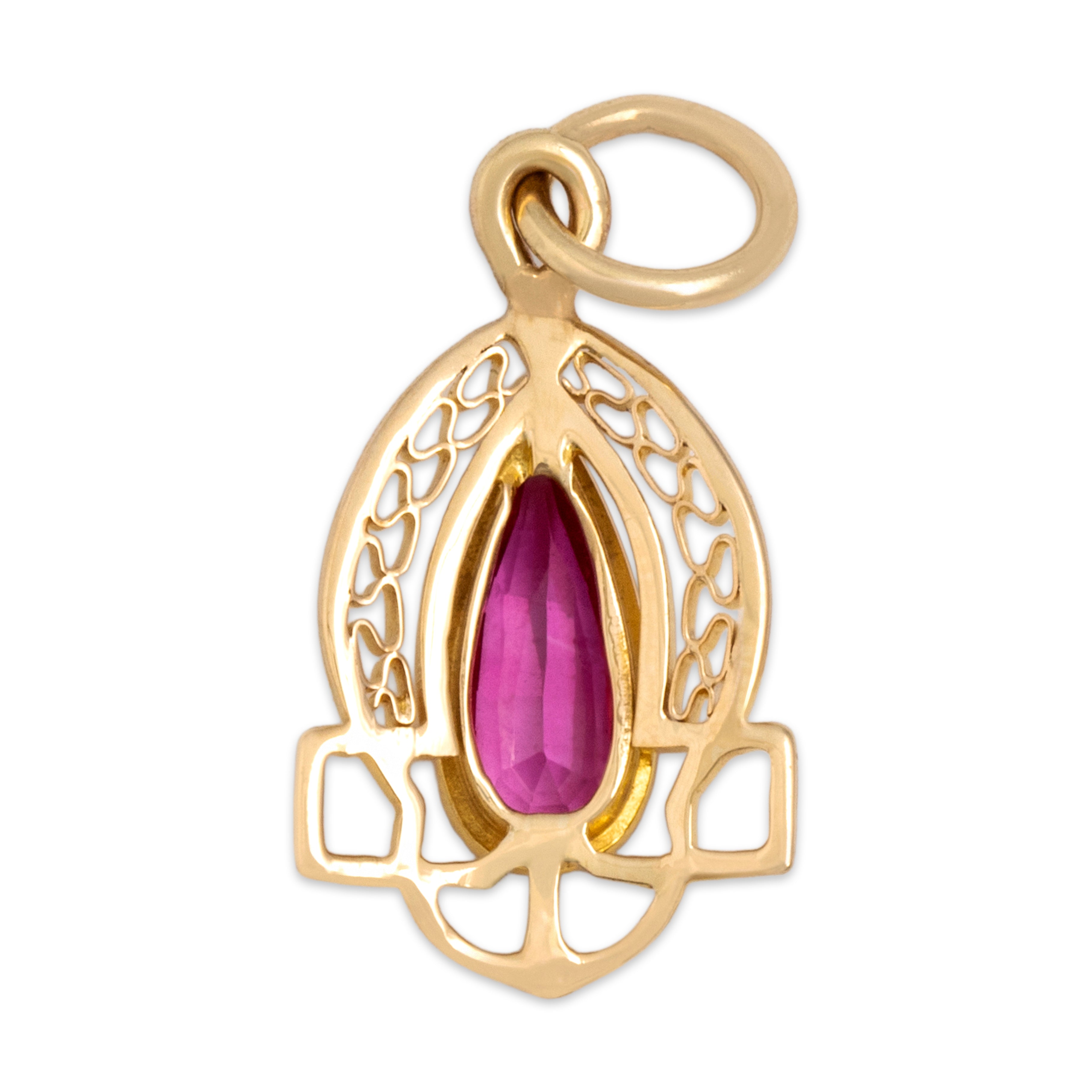 Antique Small Lightweight 10k Yellow Gold Pink Synthetic Sapphire Dimensional Teardrop Charm / Pendant - Back view