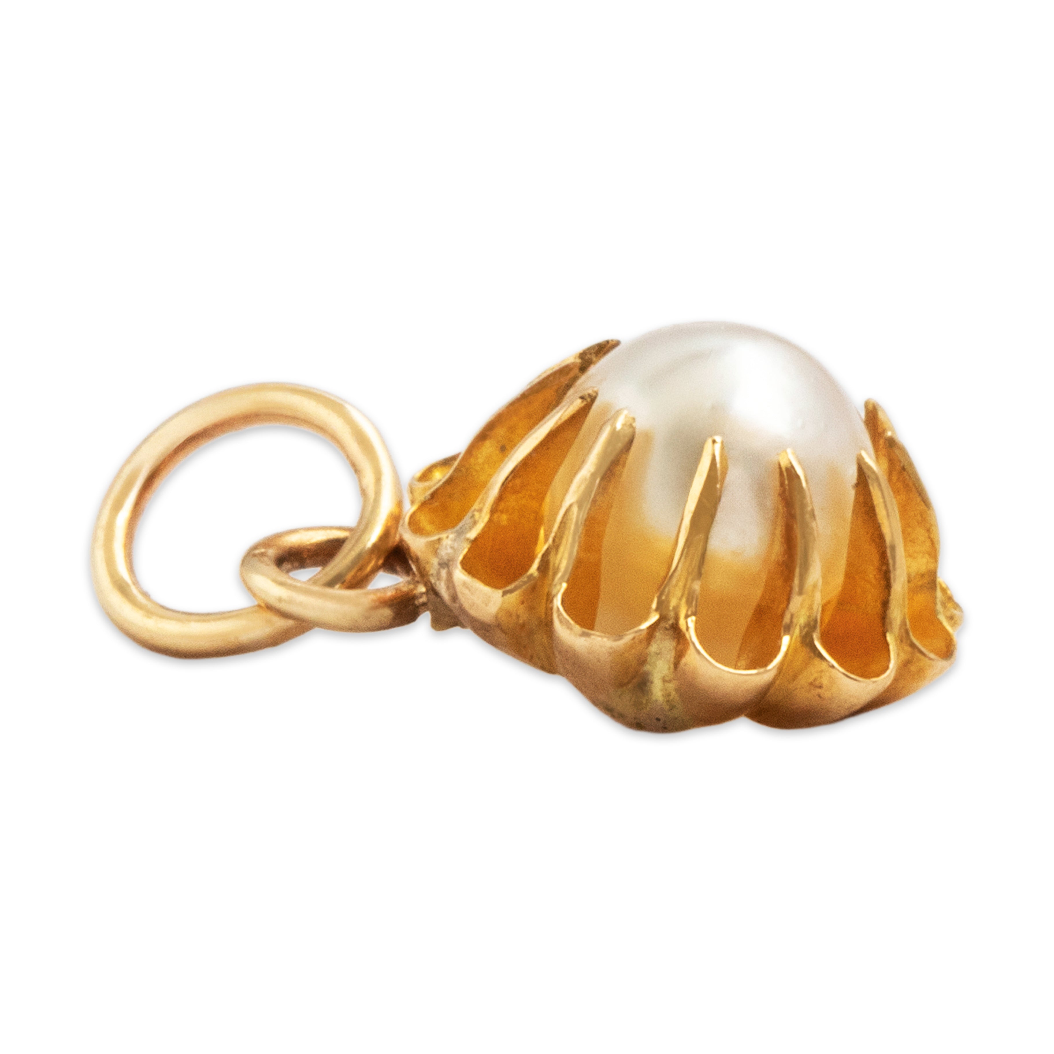 Antique 14k Yellow Gold Pearl Buttercup-Set Small Dainty Charm / Pendant - Side view
