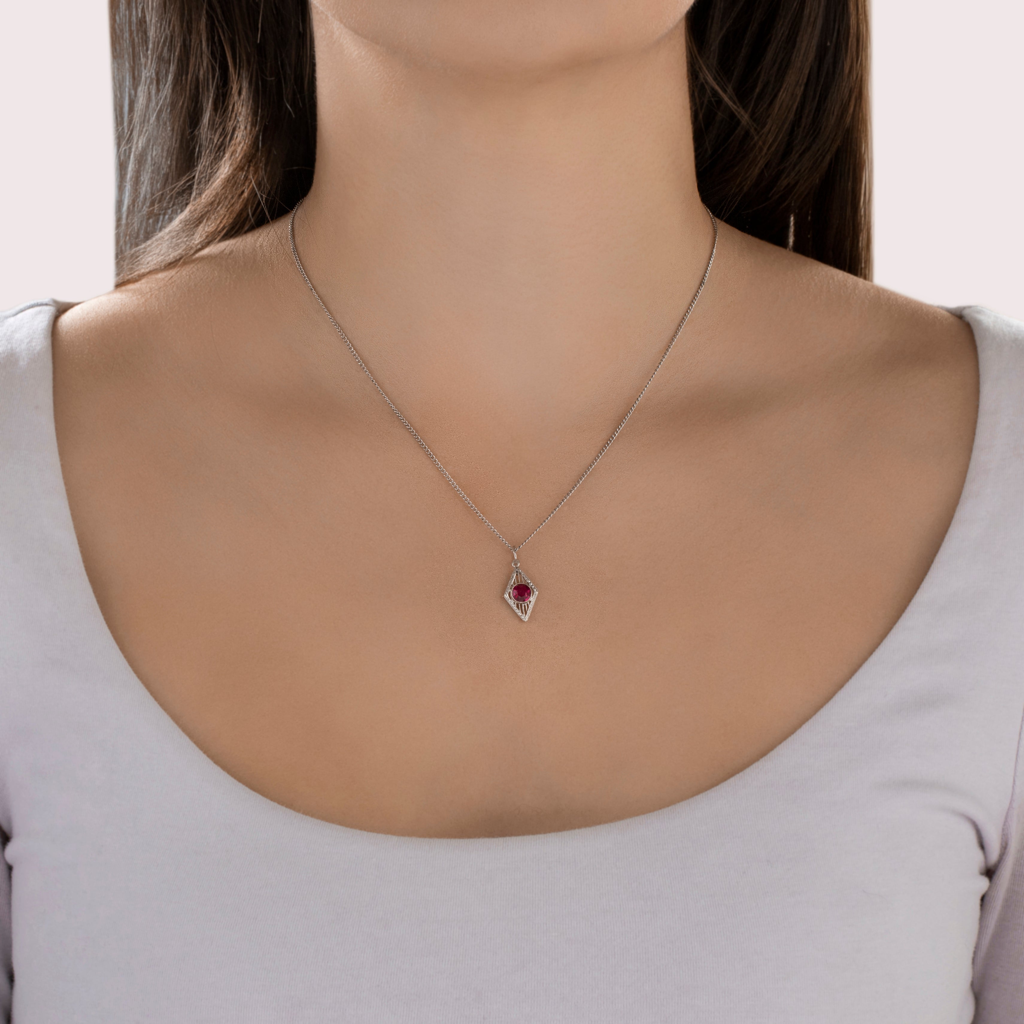 Antique Art Deco 14k White Gold .64ct Synthetic Ruby Openwork Kite Charm / Pendant - On model view