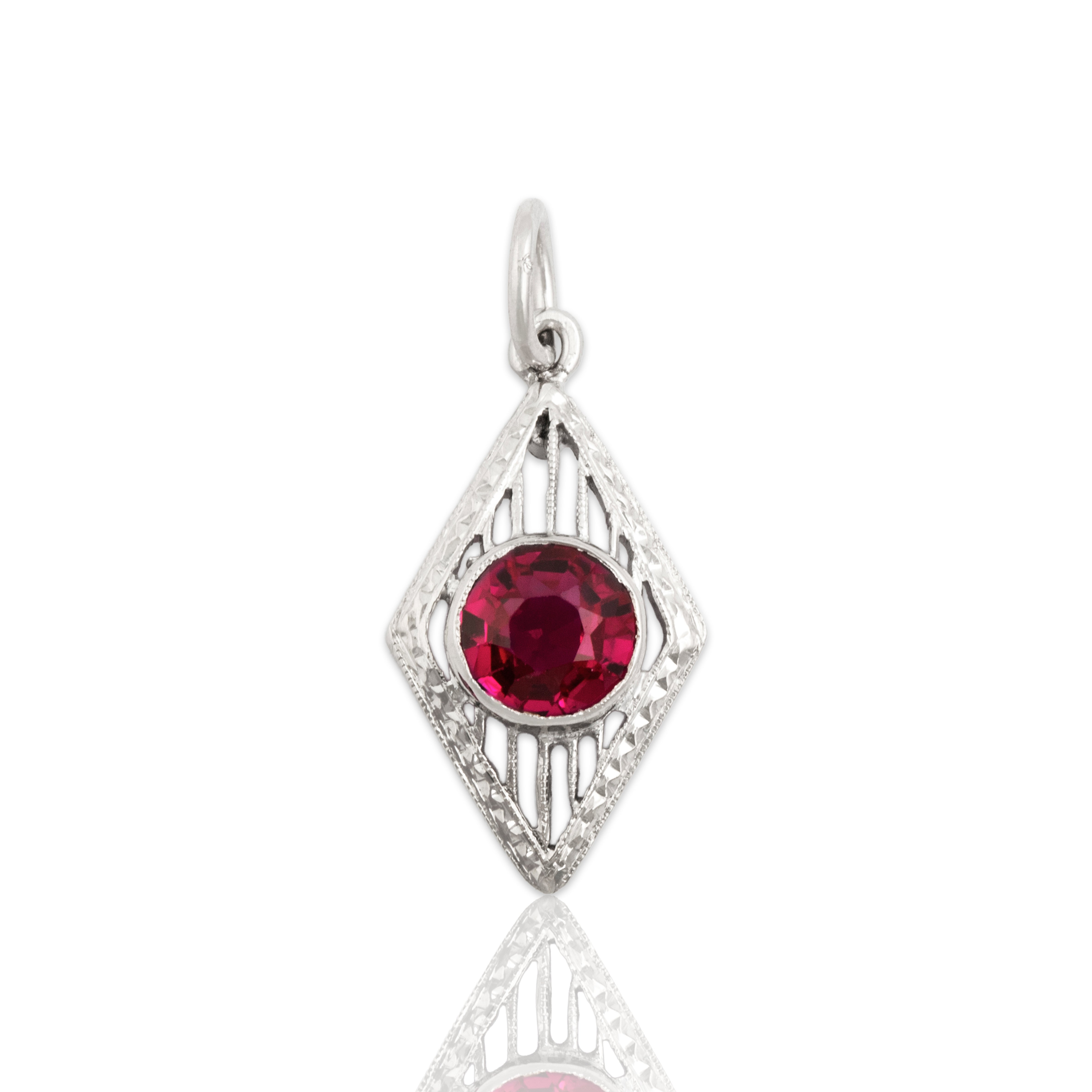 Antique Art Deco 14k White Gold .64ct Synthetic Ruby Openwork Kite Charm / Pendant - Close-up view
