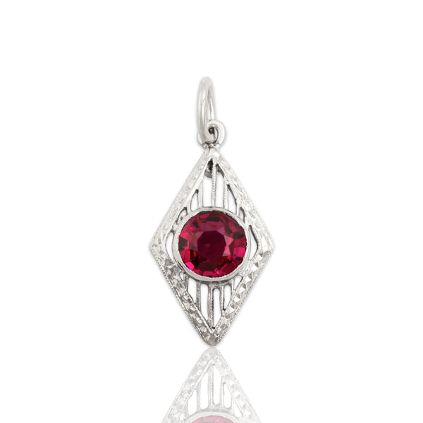Antique Art Deco 14k White Gold .64ct Synthetic Ruby Openwork Kite Charm / Pendant