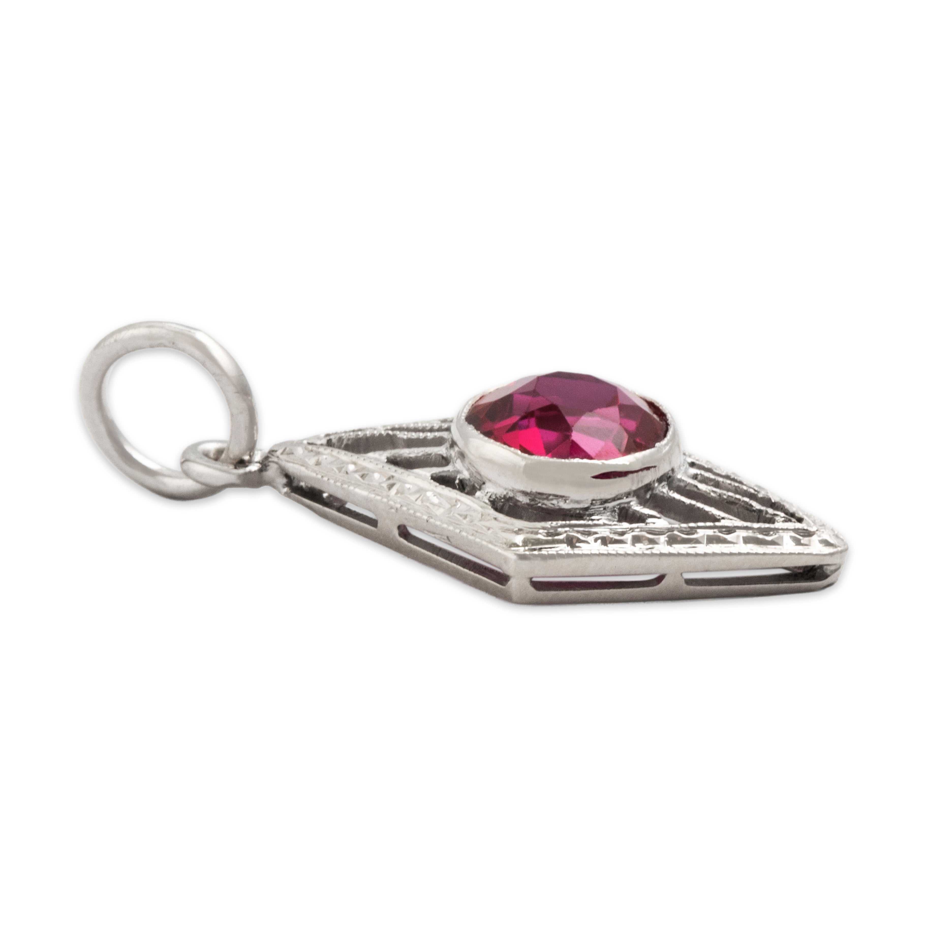Antique Art Deco 14k White Gold .64ct Synthetic Ruby Openwork Kite Charm / Pendant - Side view