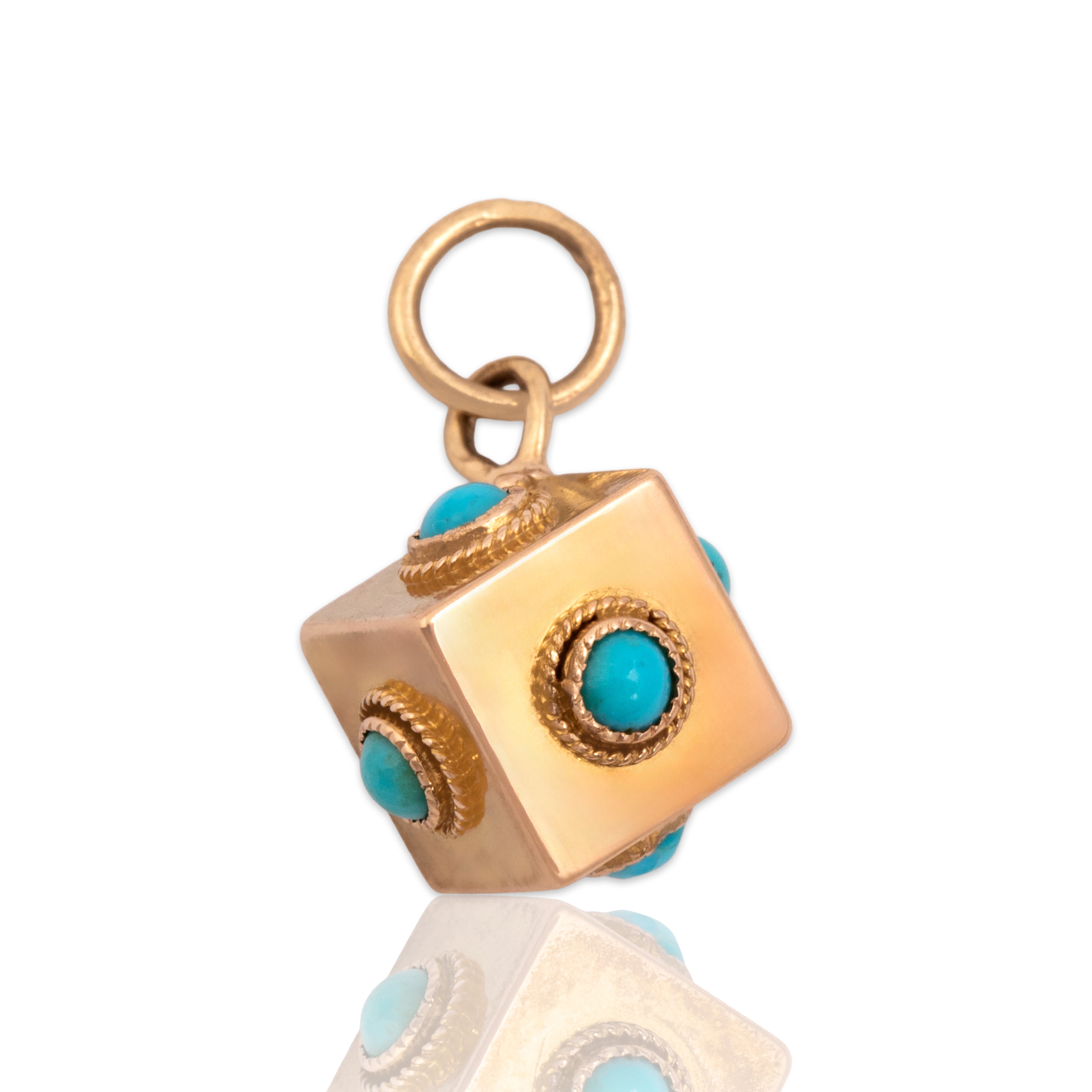 Antique Victorian Small 14k Rosy Yellow Gold Turquoise Cube Charm / Pendant