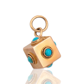 Antique Victorian Small 14k Rosy Yellow Gold Turquoise Cube Charm / Pendant