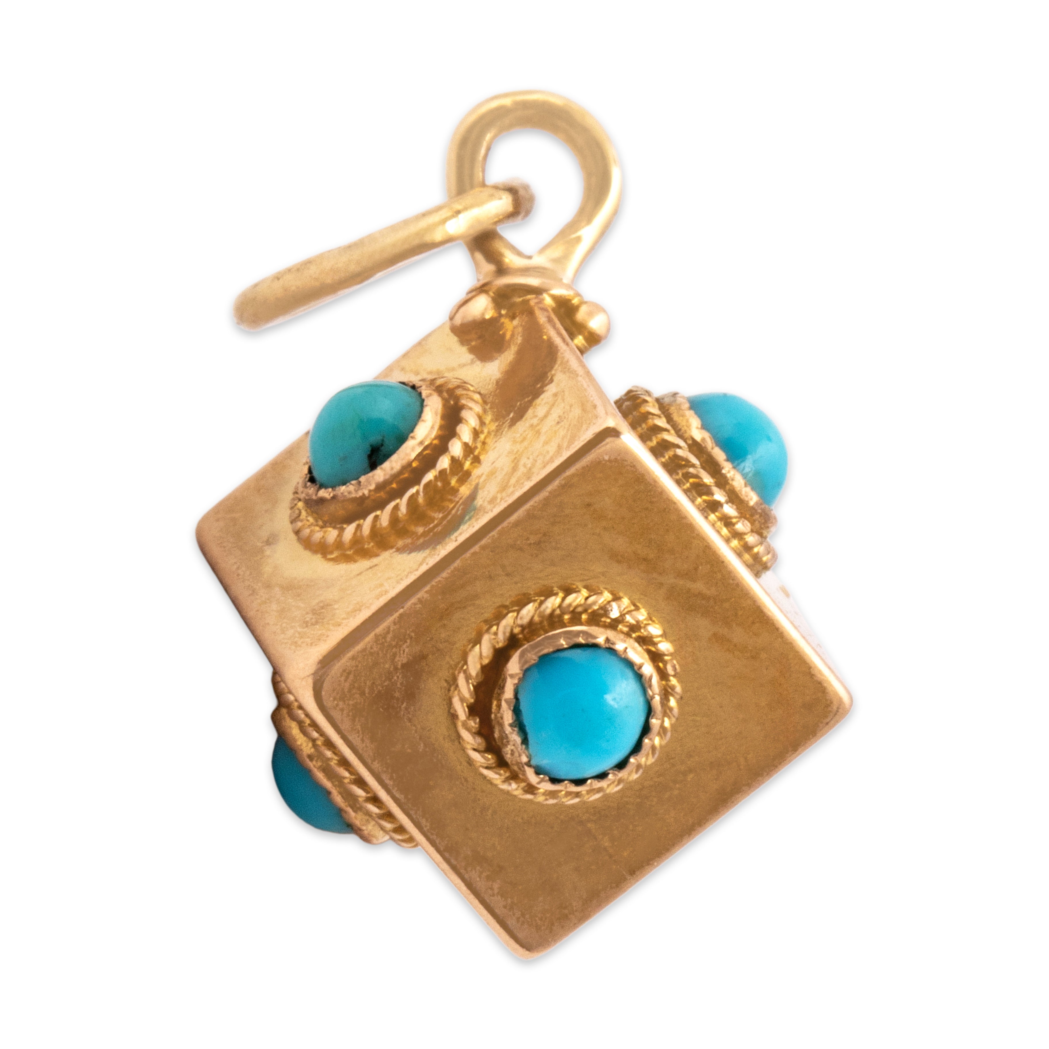 Antique Victorian Small 14k Rosy Yellow Gold Turquoise Cabochon Adorned Cube Charm / Pendant - detail view #1