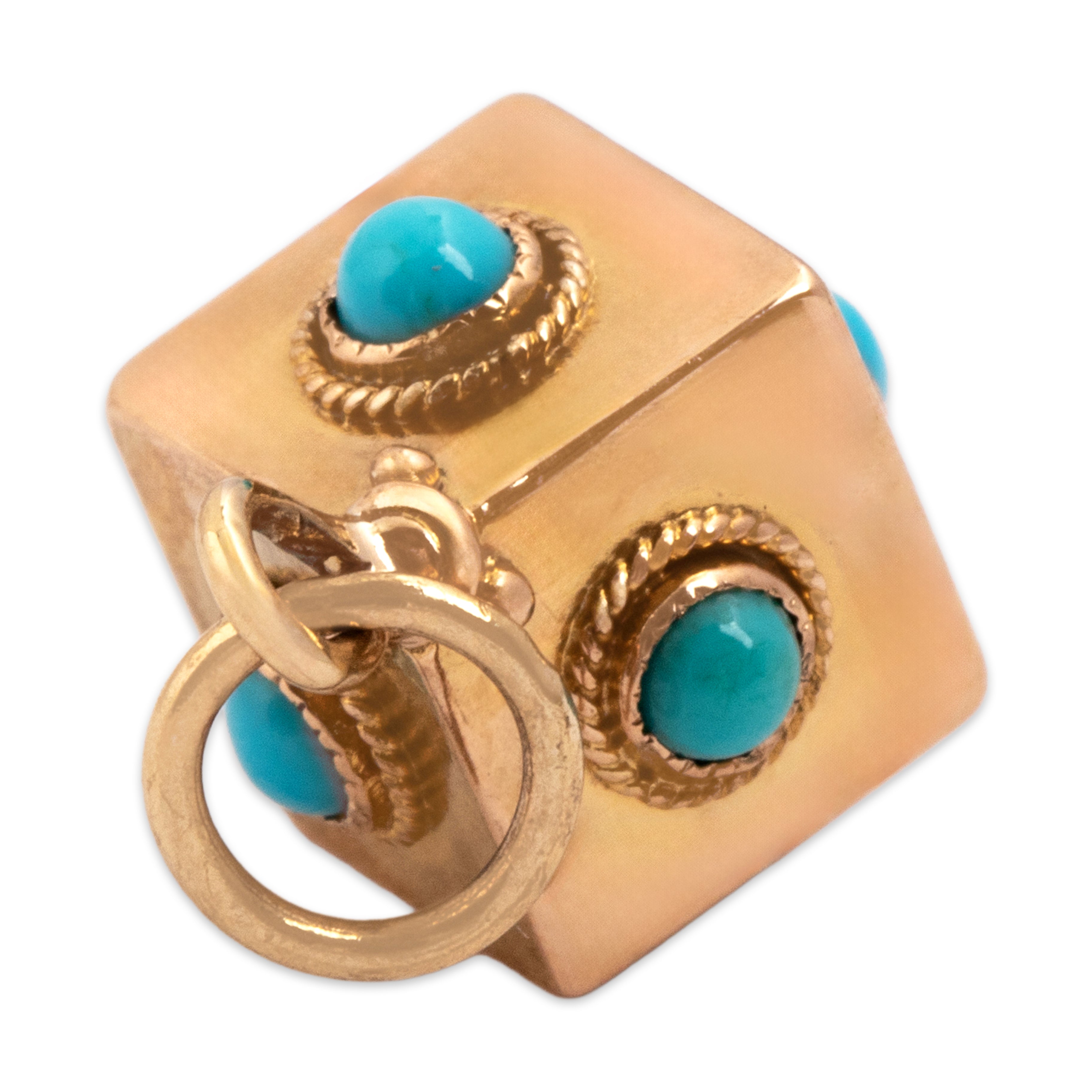 Antique Victorian Small 14k Rosy Yellow Gold Turquoise Cube Charm / Pendant