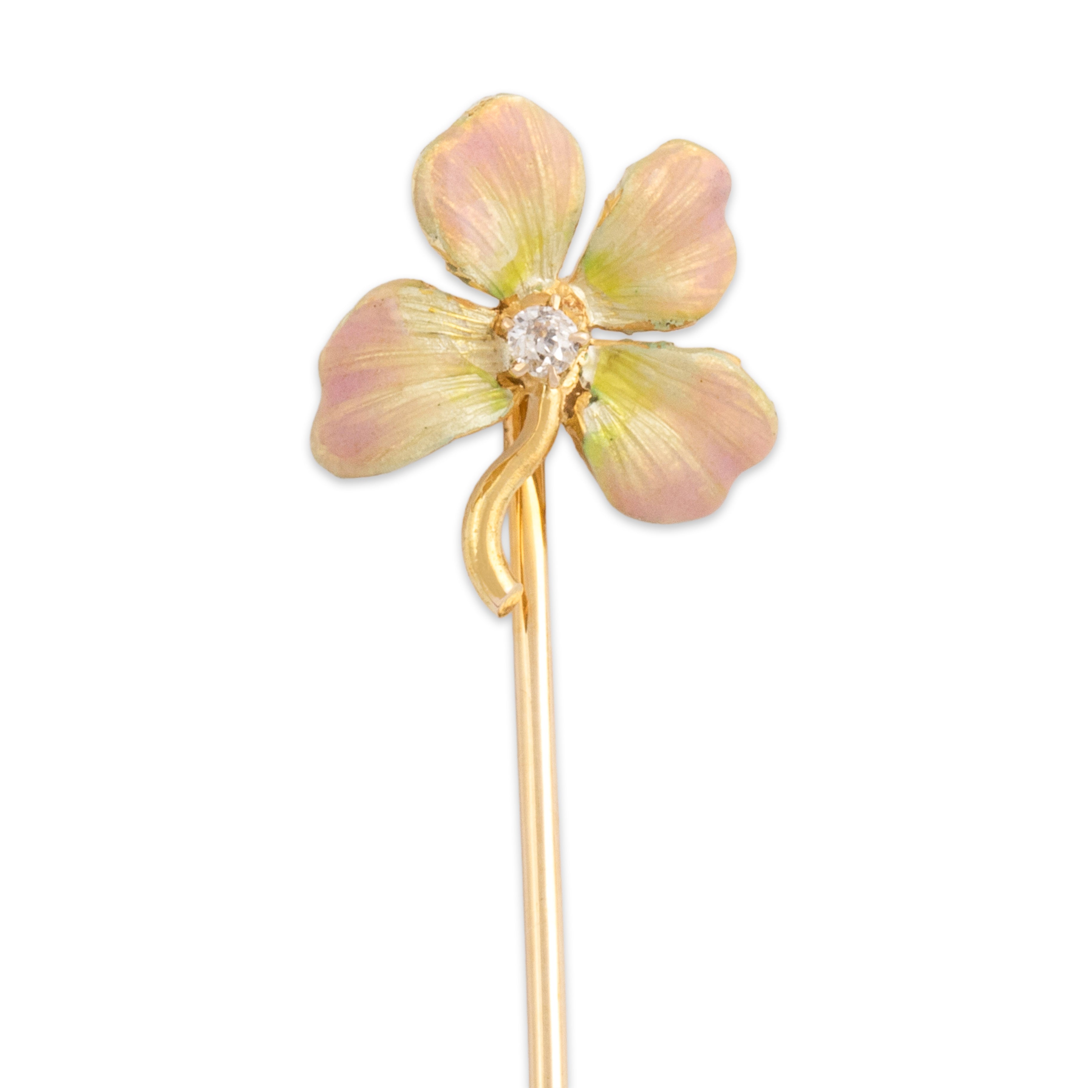 Antique Edwardian 14k Yellow Gold Old Mine Cut Diamond Enameled Flower Stick Pin 2.6