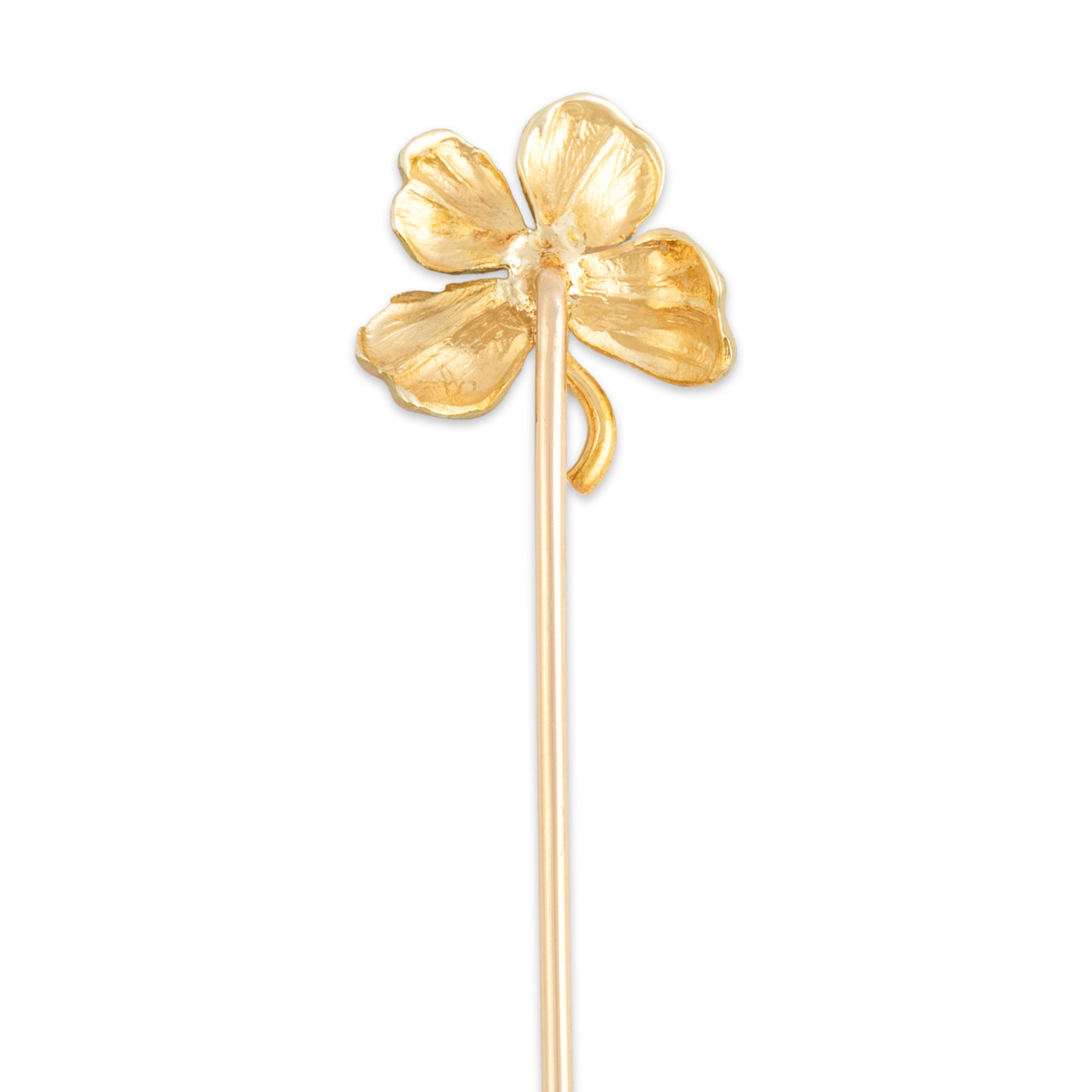 Antique Edwardian 14k Yellow Gold Old Mine Cut Diamond Enameled Flower Stick Pin 2.6