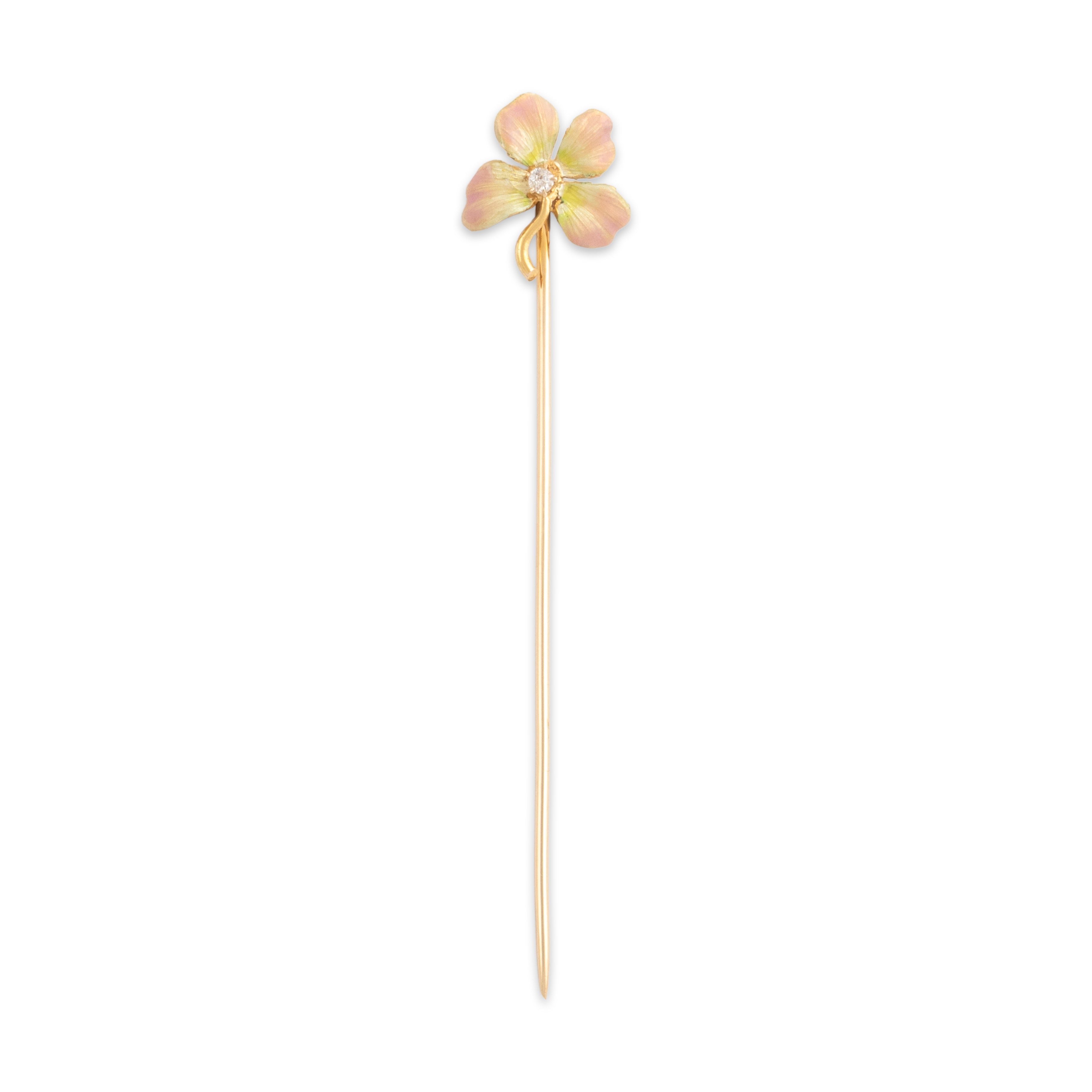 Antique Edwardian 14k Yellow Gold Old Mine Cut Diamond Enameled Flower Stick Pin 2.6