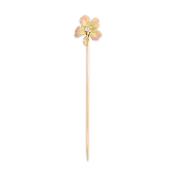 Antique Edwardian 14k Yellow Gold Old Mine Cut Diamond Enamel Flower Stickpin 2.6