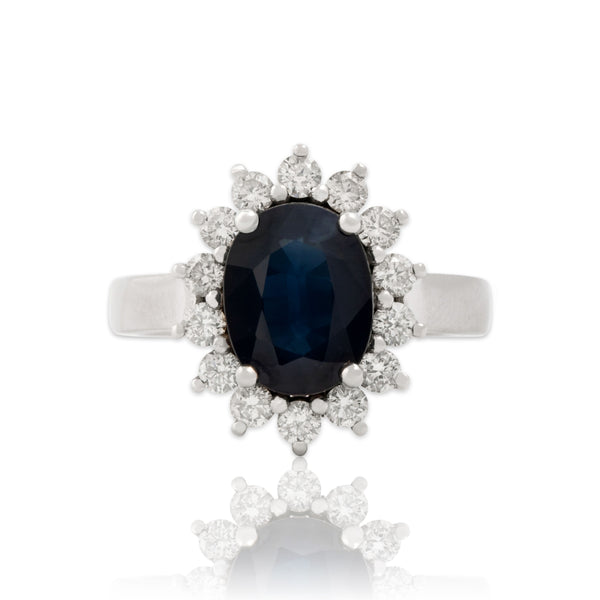 Vintage 14k White Gold 2.84ct Blue Sapphire .58cttw Diamond Superb Halo Ring 7.00