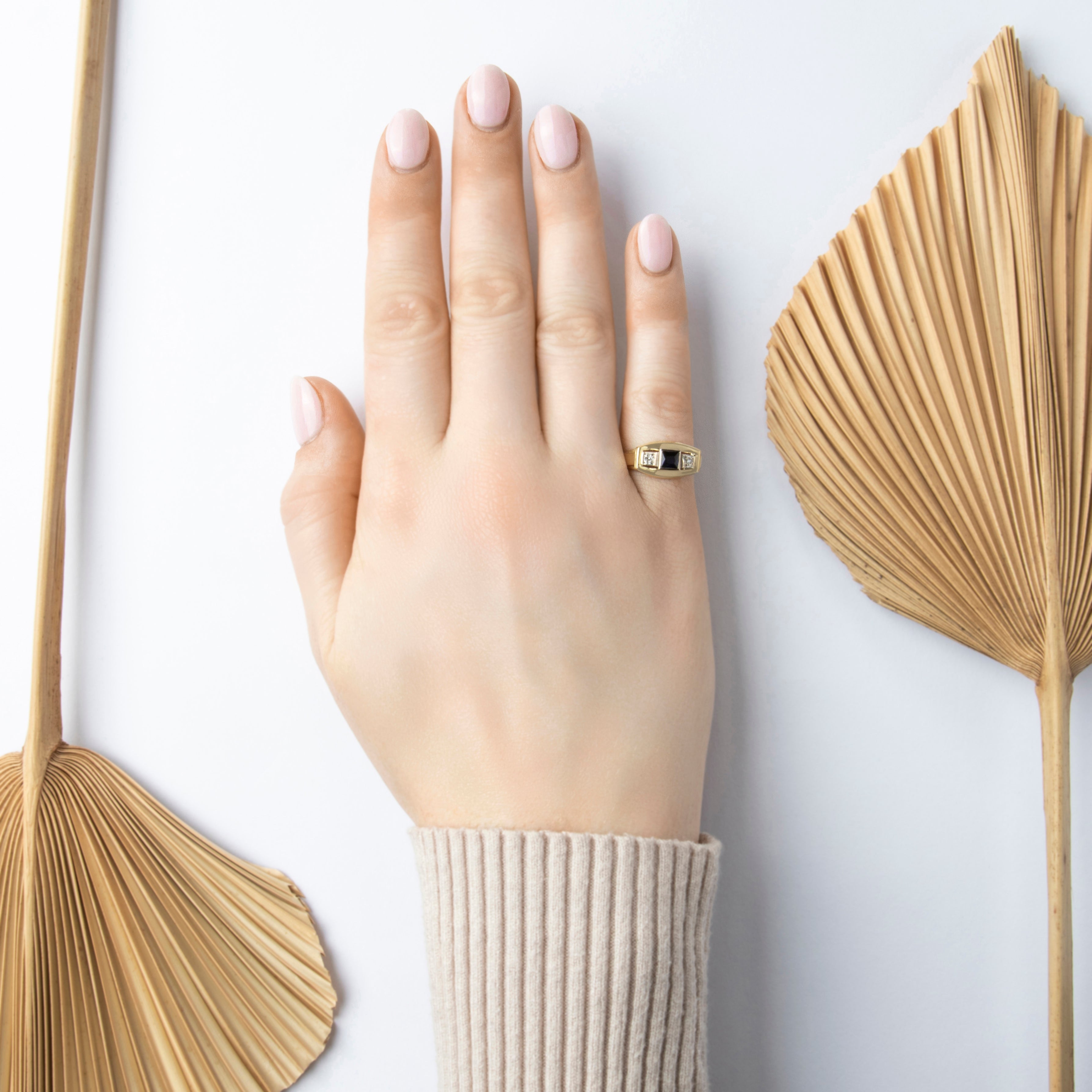 Vintage 14k Yellow Gold Blue Synthetic Sapphire Natural Diamond Sleek Bar Trio Ring - On model view