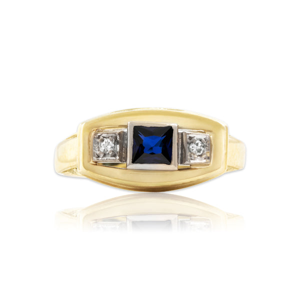 Vintage 14k Yellow Gold Blue Synthetic Sapphire Natural Diamond Sleek Trio Ring 6.50