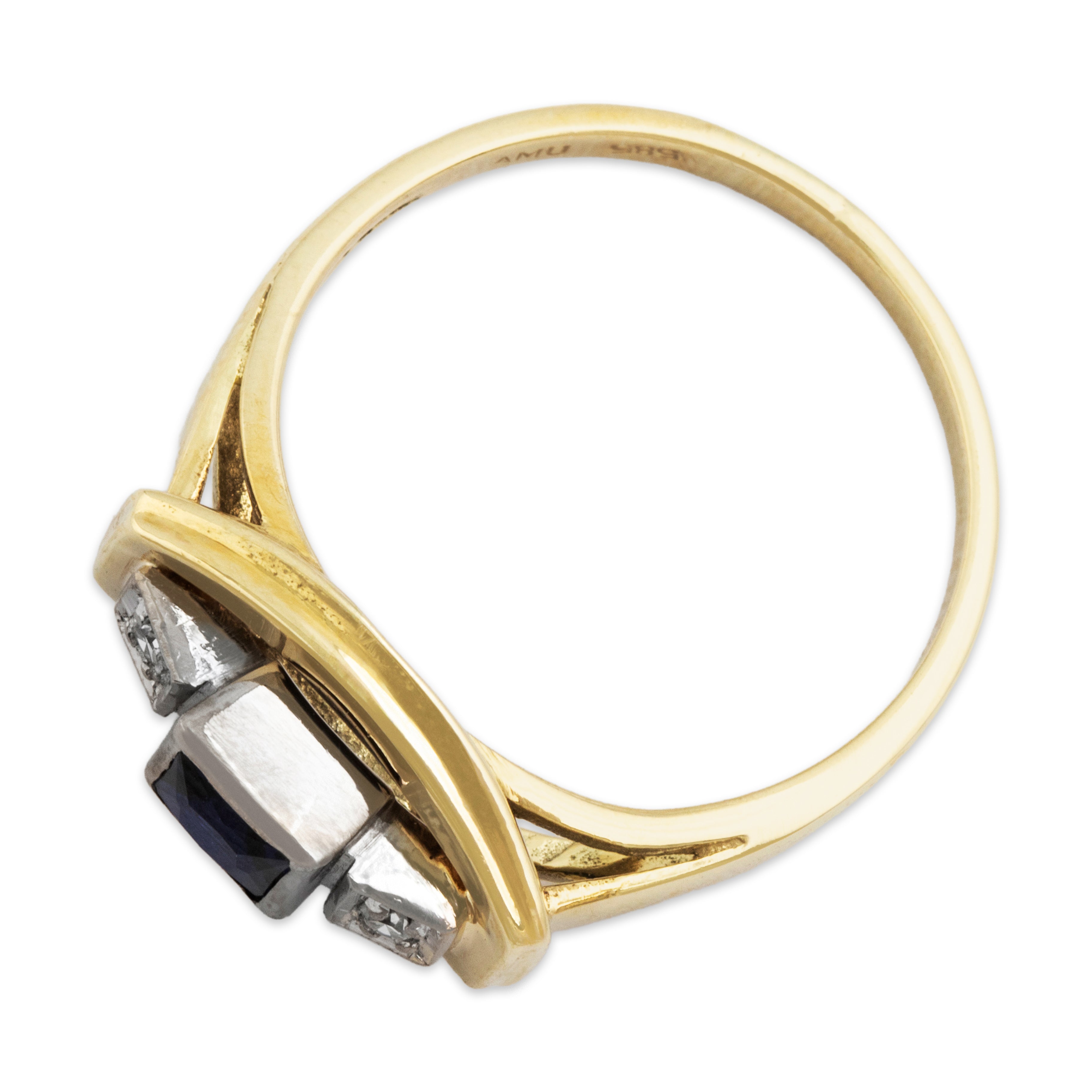 Vintage 14k Yellow Gold Blue Synthetic Sapphire Natural Diamond Sleek Bar Trio Ring - Overall view