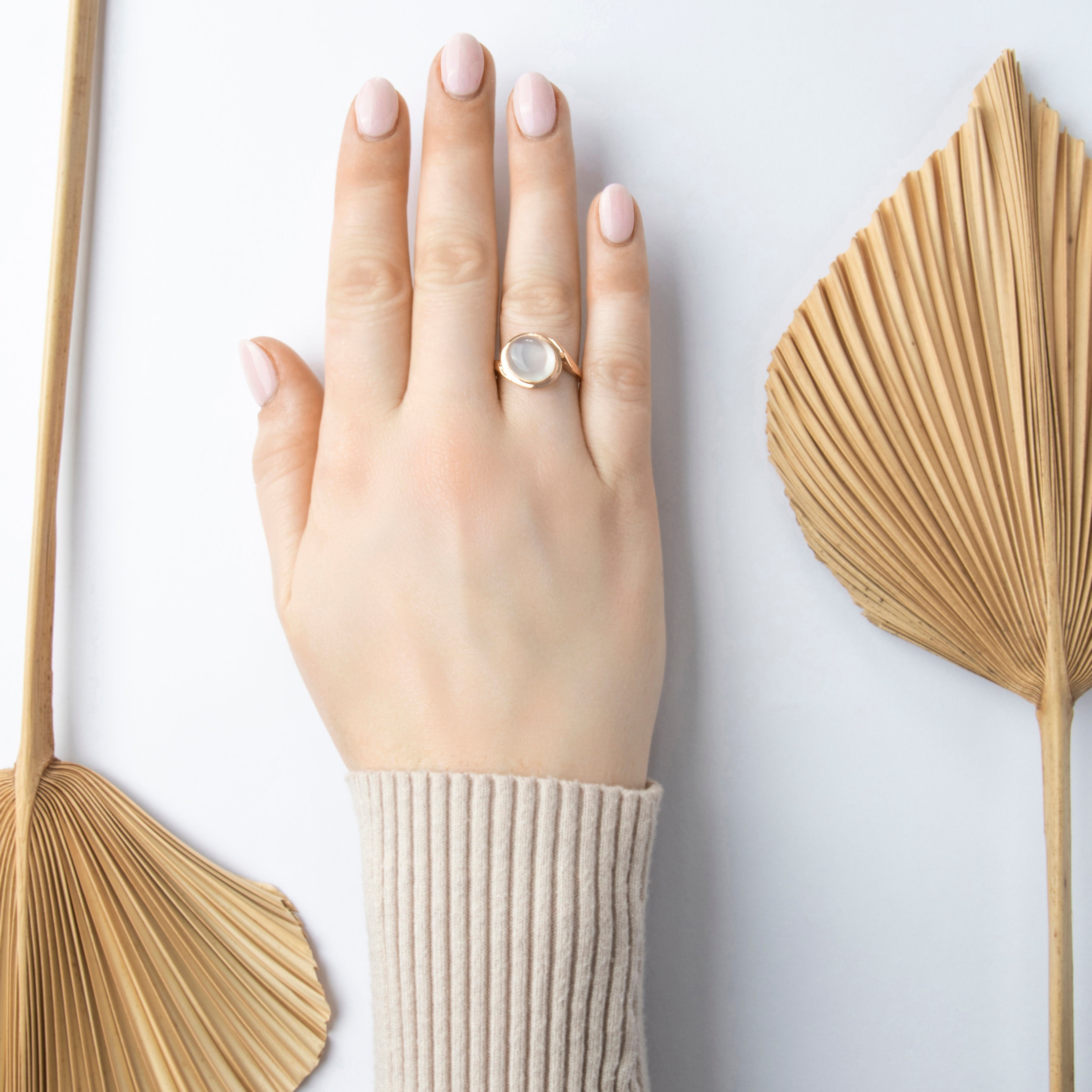 Vintage 14k Rose Gold 3.82ct Moonstone Gleaming Glowing Delicate Bypass Ring - On model view