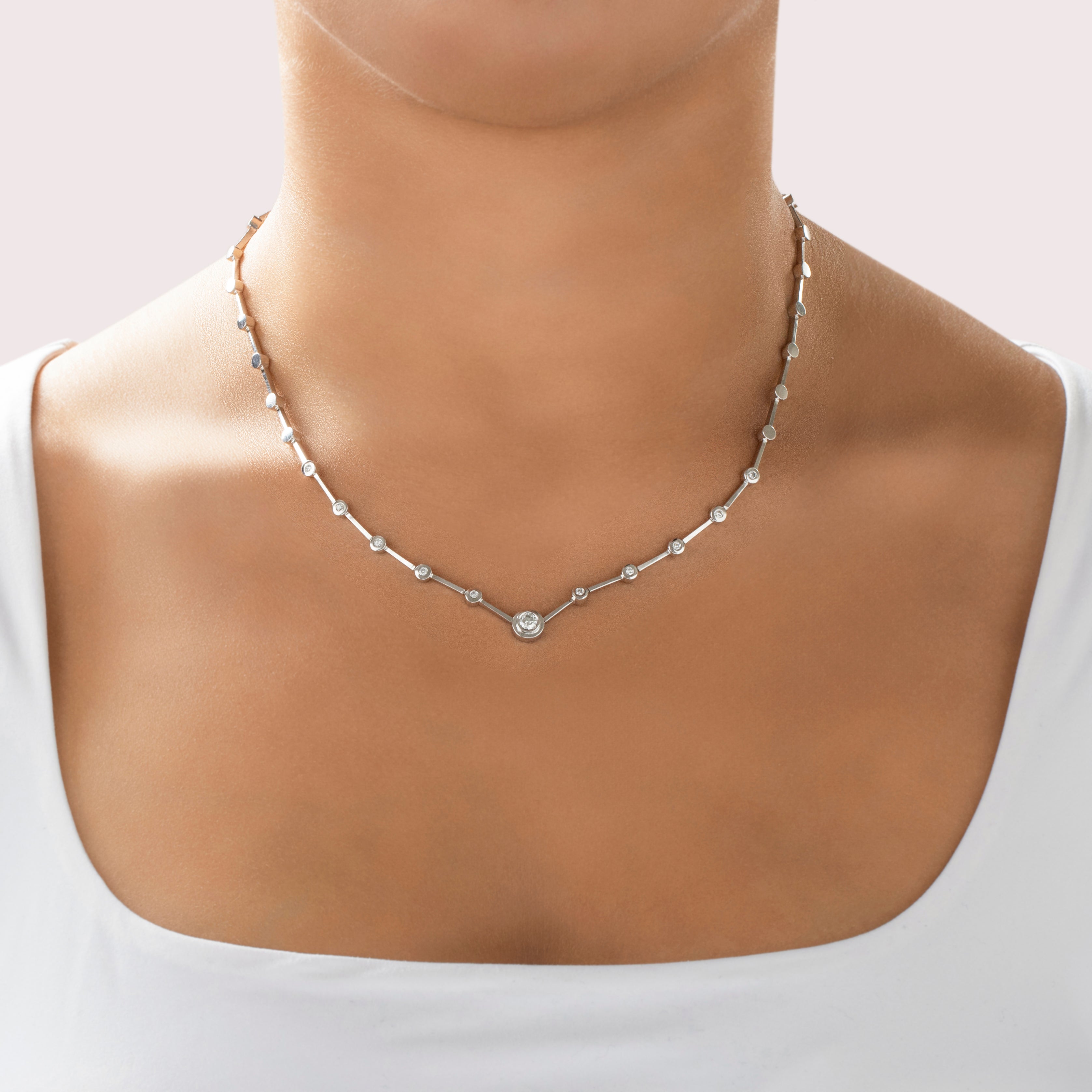 Vintage 14K White Gold Diamond Dazzling Round Station Necklace - On model view