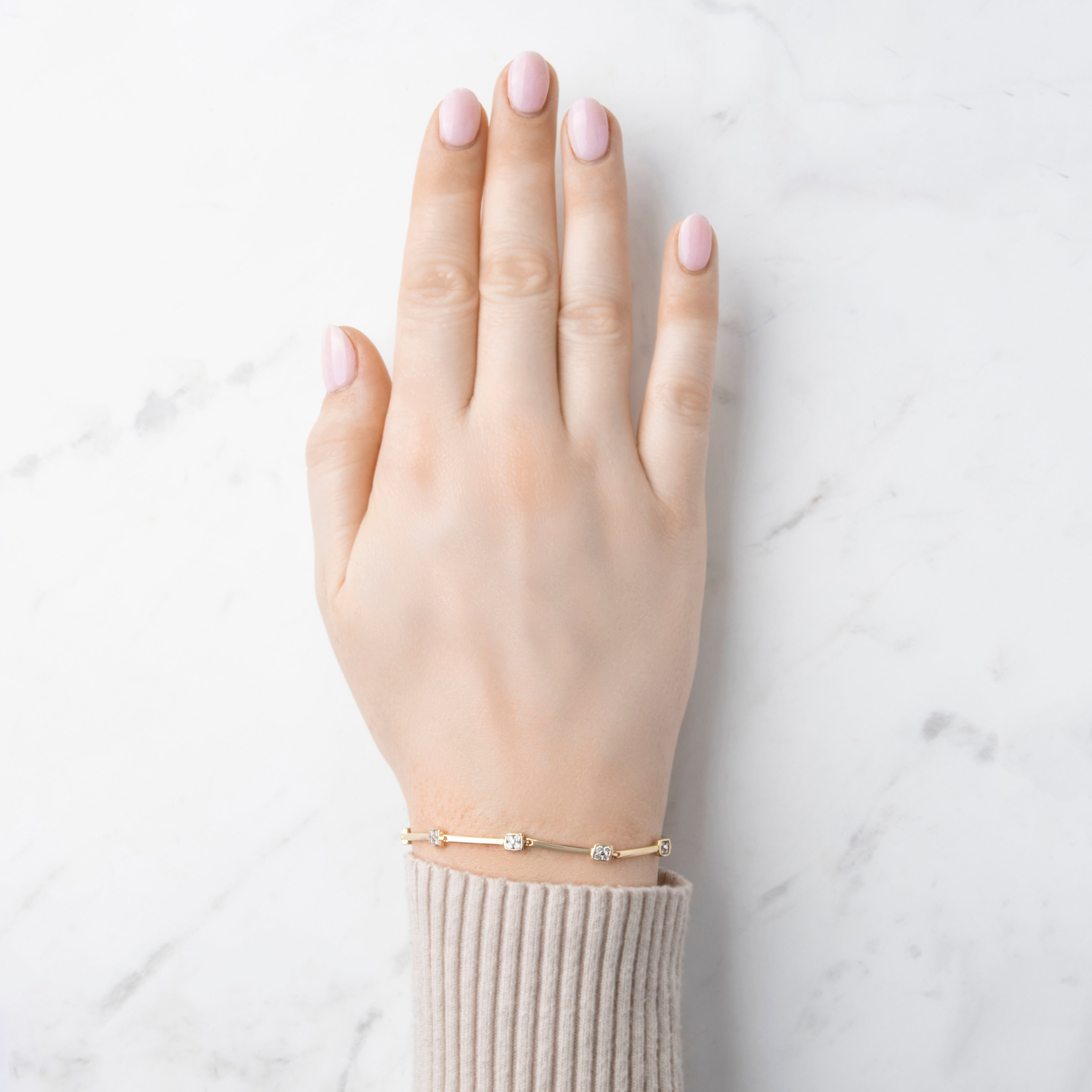 Vintage 14k Yellow Gold Sleek Square Station Diamond Bracelet - On model view