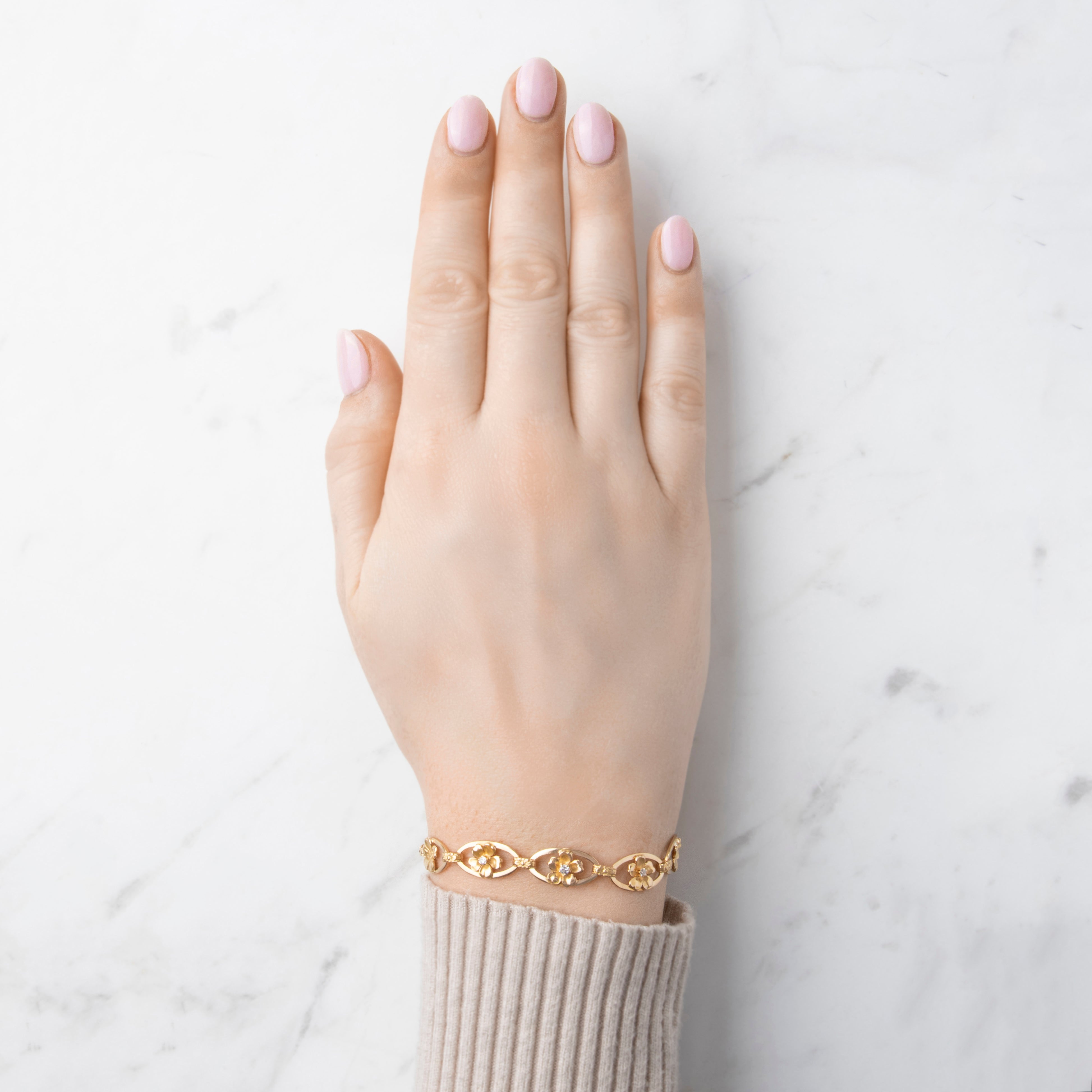 Antique 14k Yellow Gold Diamond Blooming Floral Link Bracelet - On model view