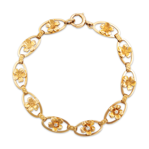 Antique 14k Yellow Gold Diamond Blooming Floral Link Bracelet 7.25