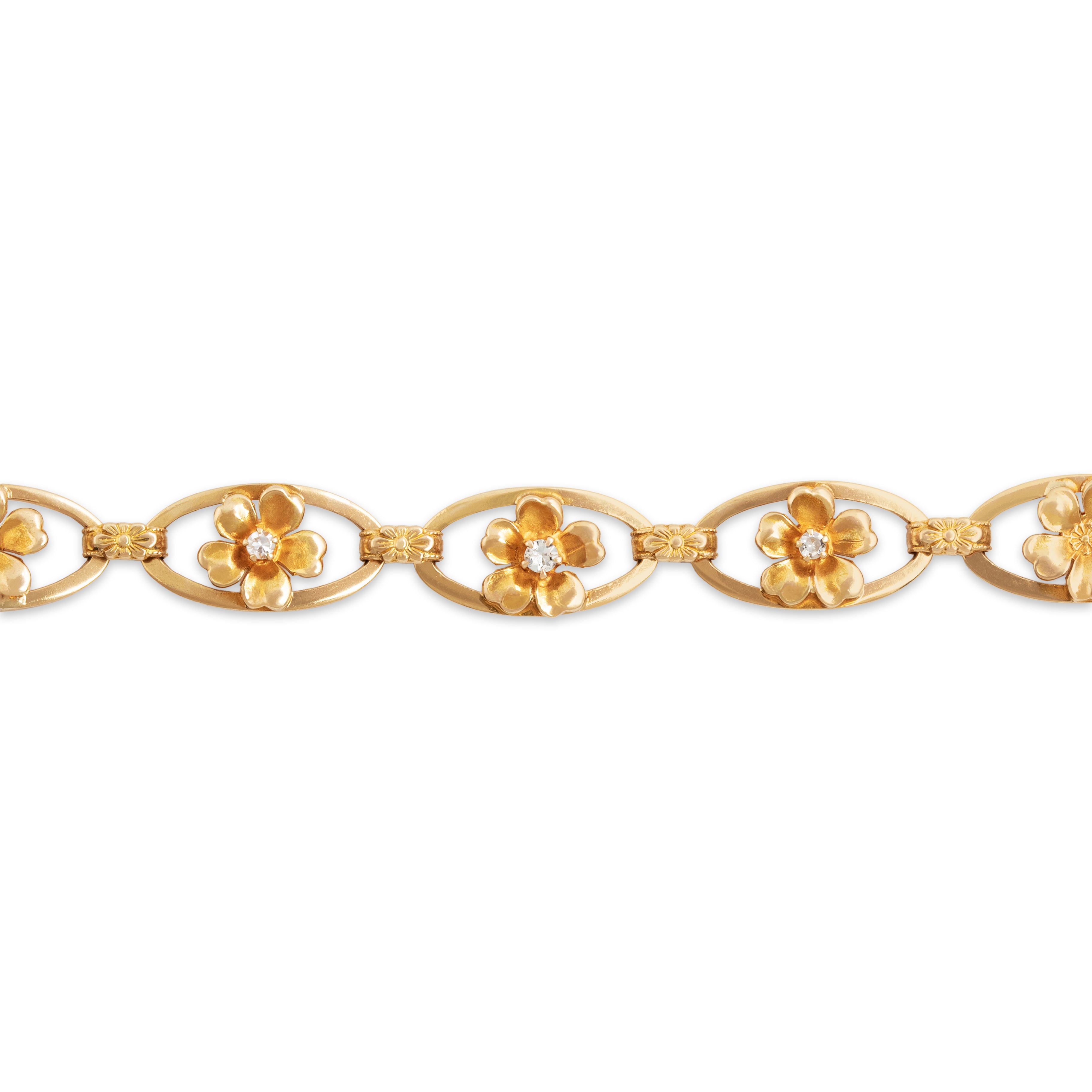Antique 14k Yellow Gold Diamond Blooming Floral Link Bracelet - Close-up view