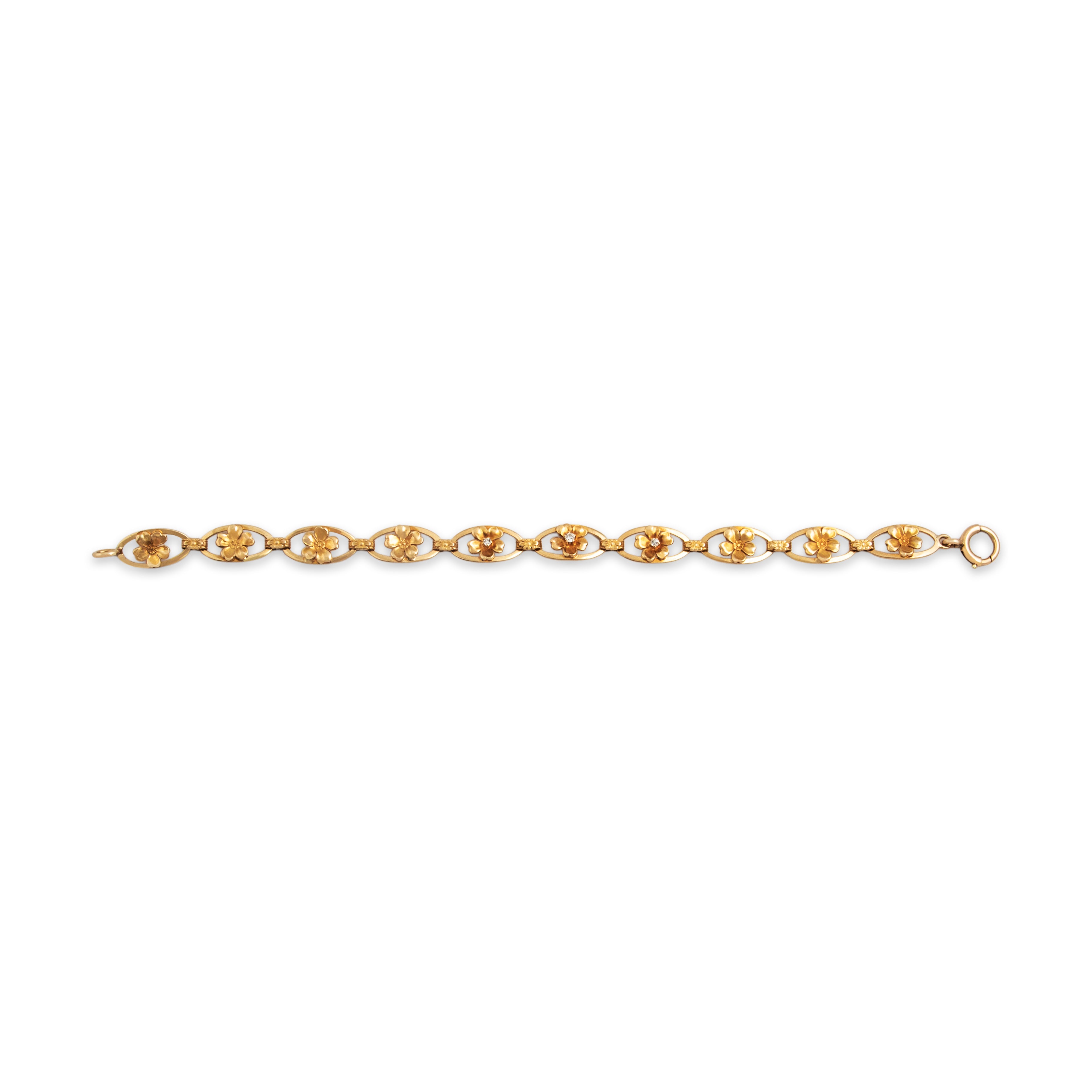 Antique 14k Yellow Gold Diamond Blooming Floral Link Bracelet 7.25
