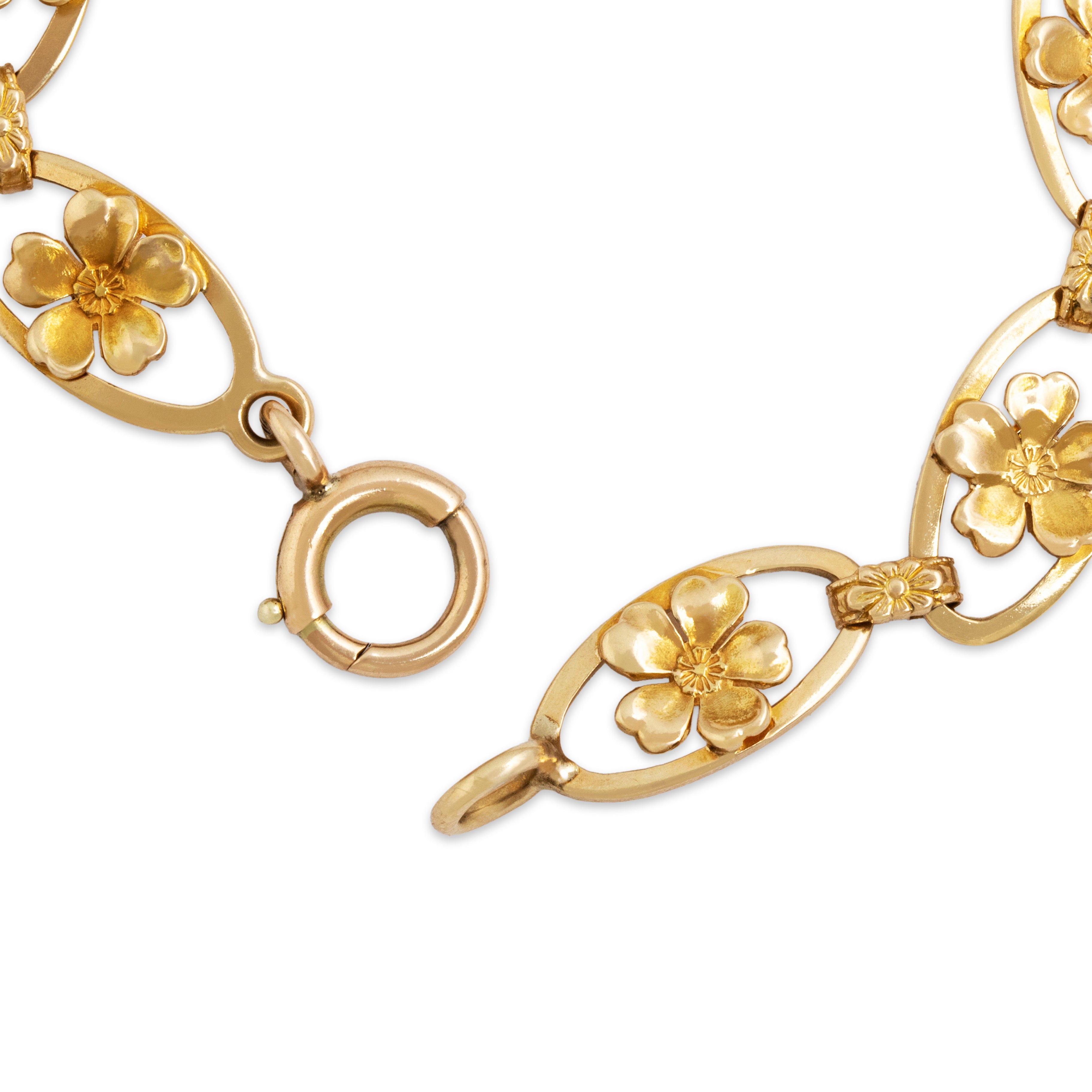 Antique 14k Yellow Gold Diamond Blooming Floral Link Bracelet - clasp view