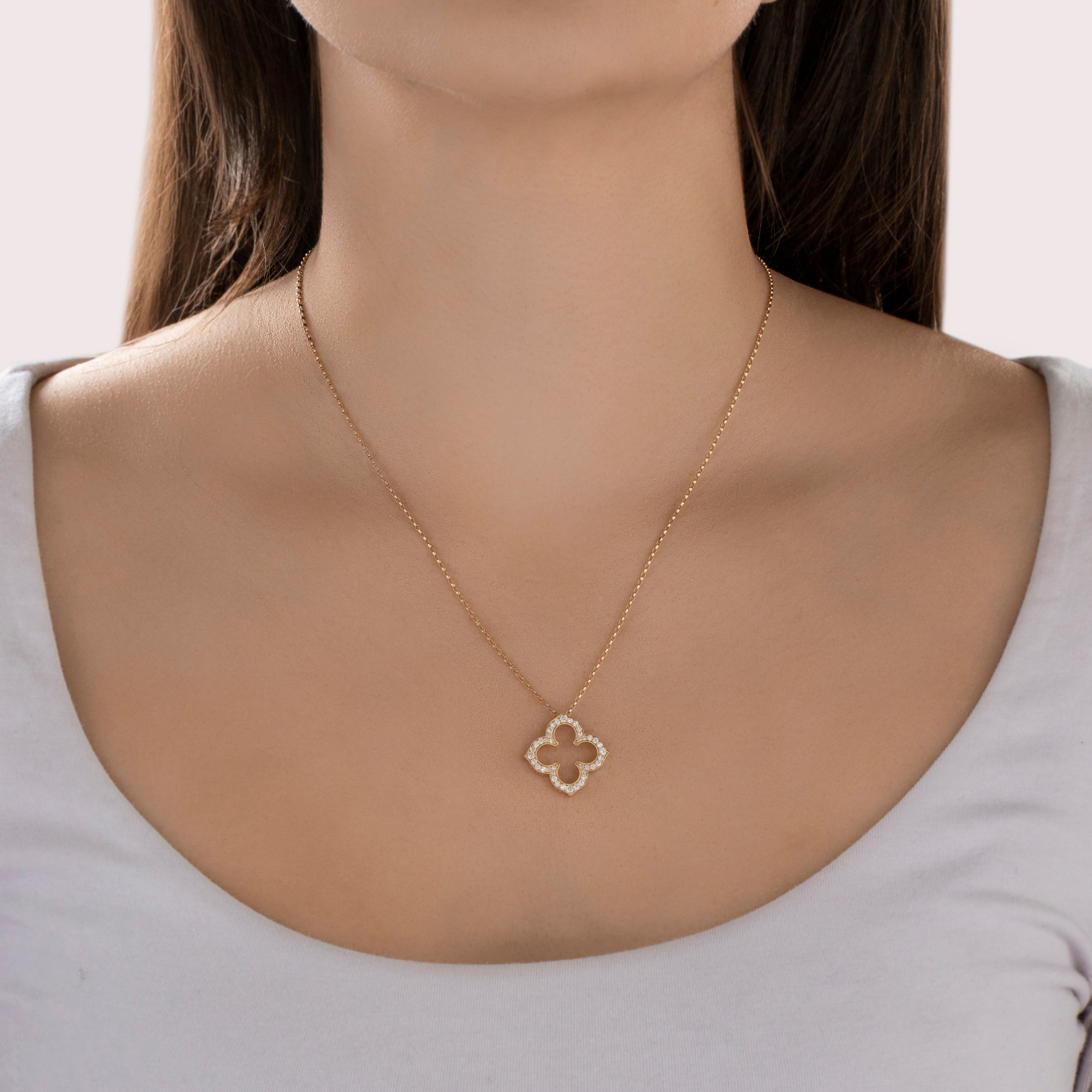 Vintage 14k Yellow Gold Diamond Quatrefoil Pendant - On model view