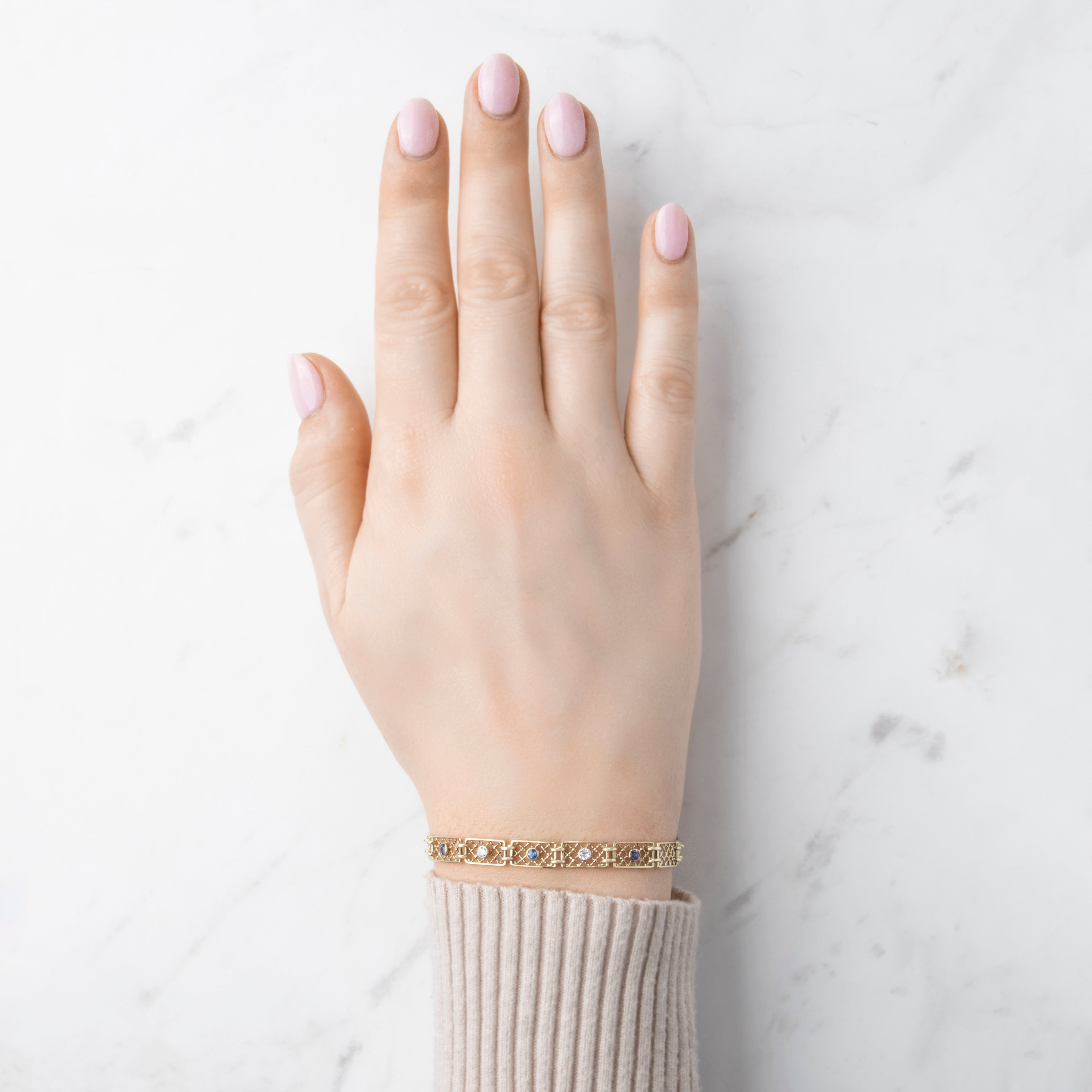 Vintage 14k Yellow Gold Blue Synthetic Sapphire Natural Old European Cut Diamond Superb Lattice Link Bracelet - On model view