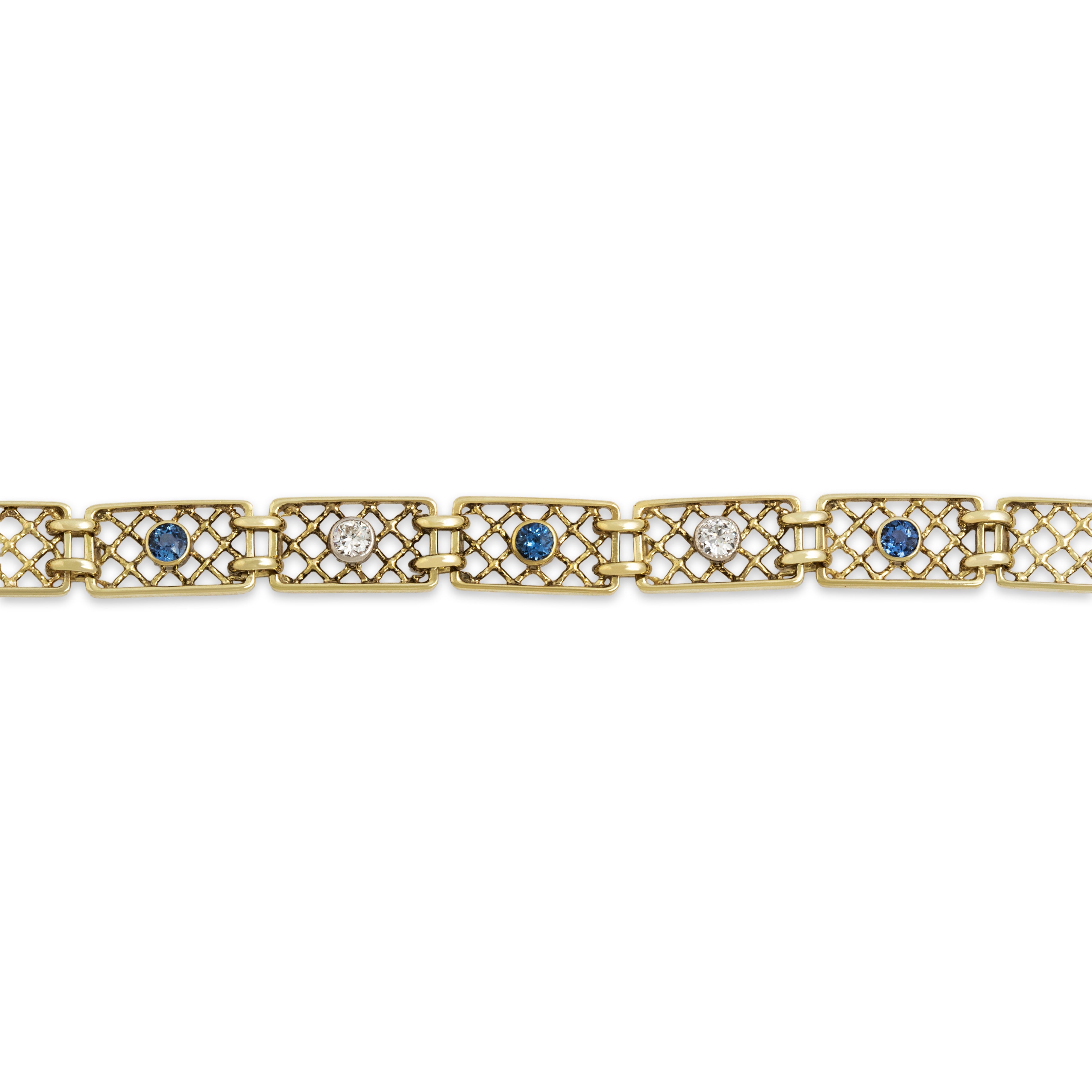 Vintage 14k Yellow Gold Blue Synthetic Sapphire Natural Old European Cut Diamond Superb Lattice Link Bracelet - Close-up view