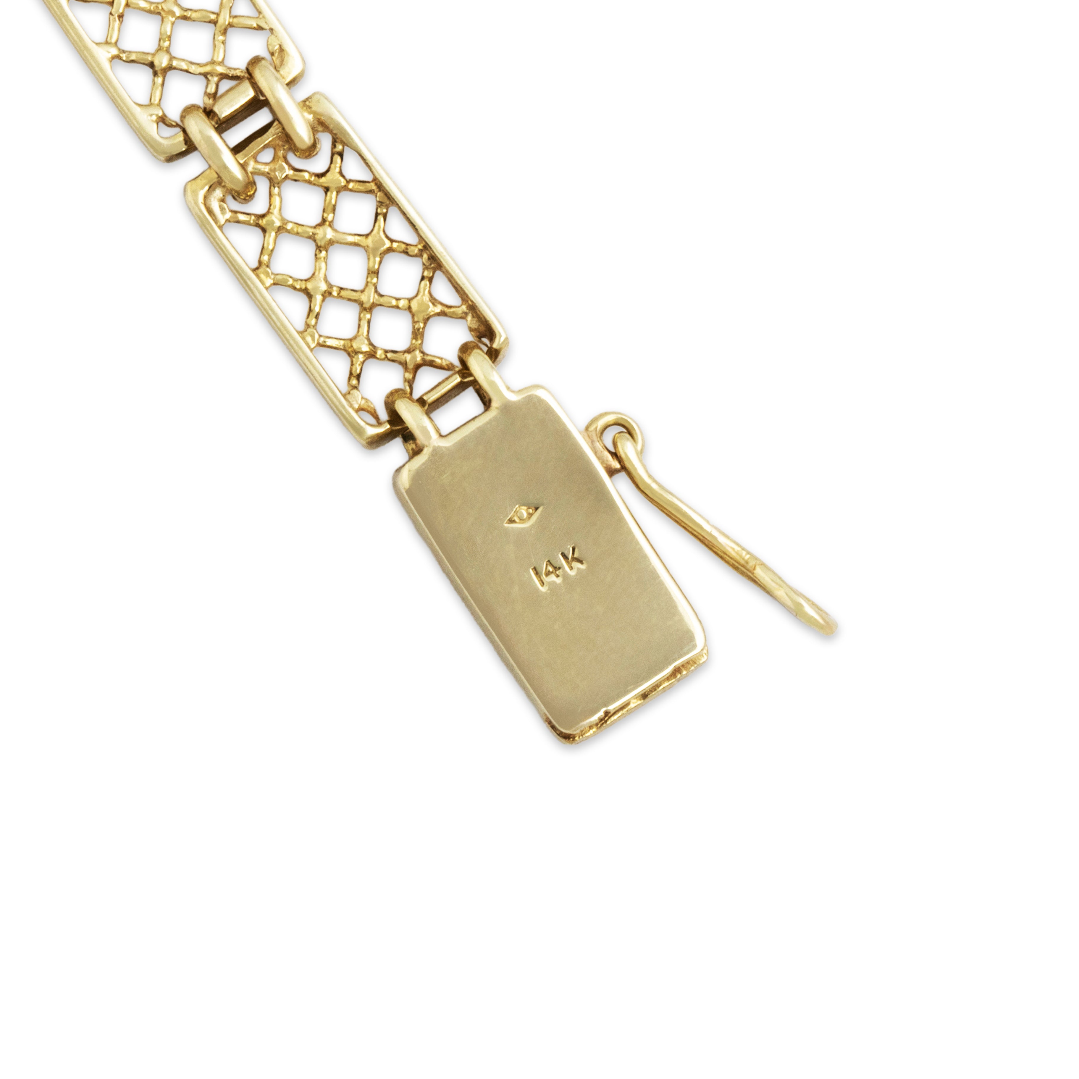 Vintage 14k Yellow Gold Blue Synthetic Sapphire Natural Old European Cut Diamond Superb Lattice Link Bracelet - Hallmark view