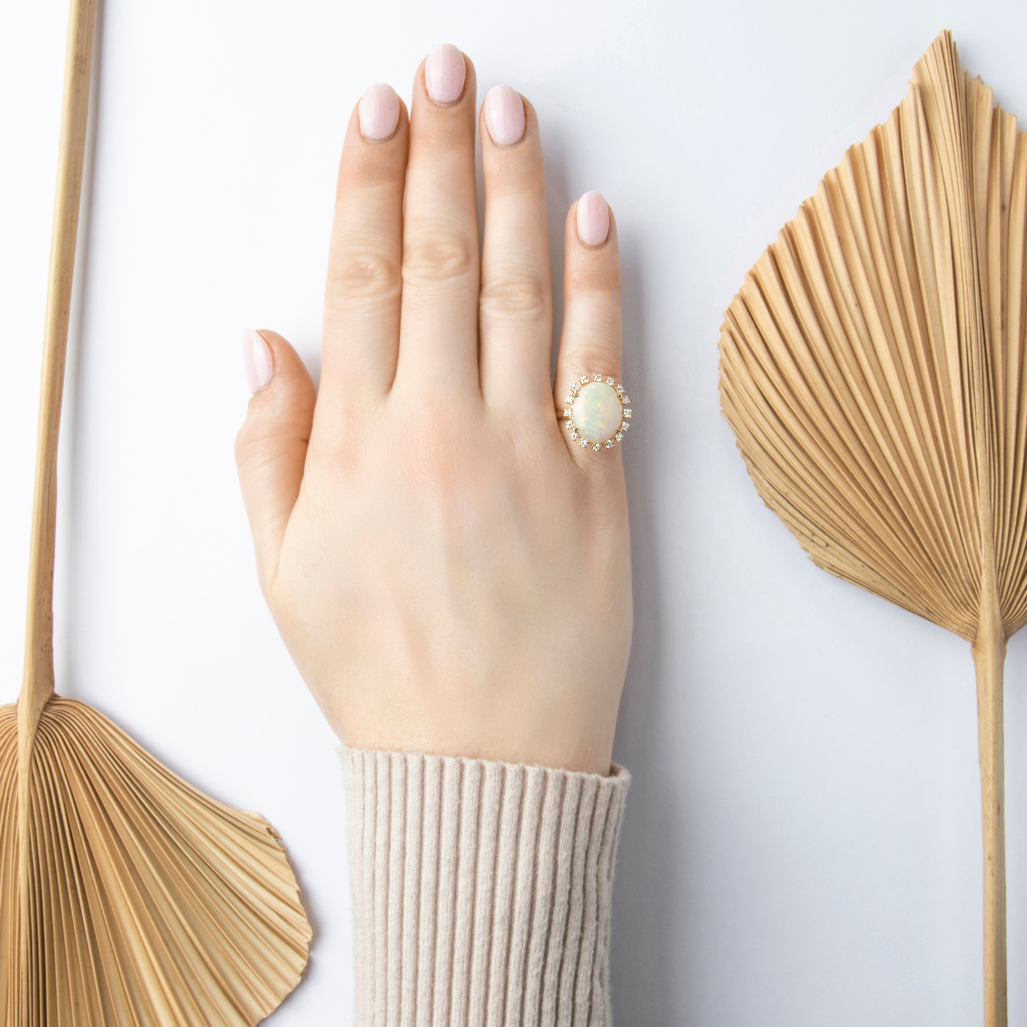 Vintage 14k Yellow Gold Opal Diamond Iridescent Halo Cocktail Ring - On model view