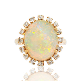 Vintage 14k Yellow Gold 2.5ct Opal Diamond Iridescent Halo Cocktail Ring 6.25