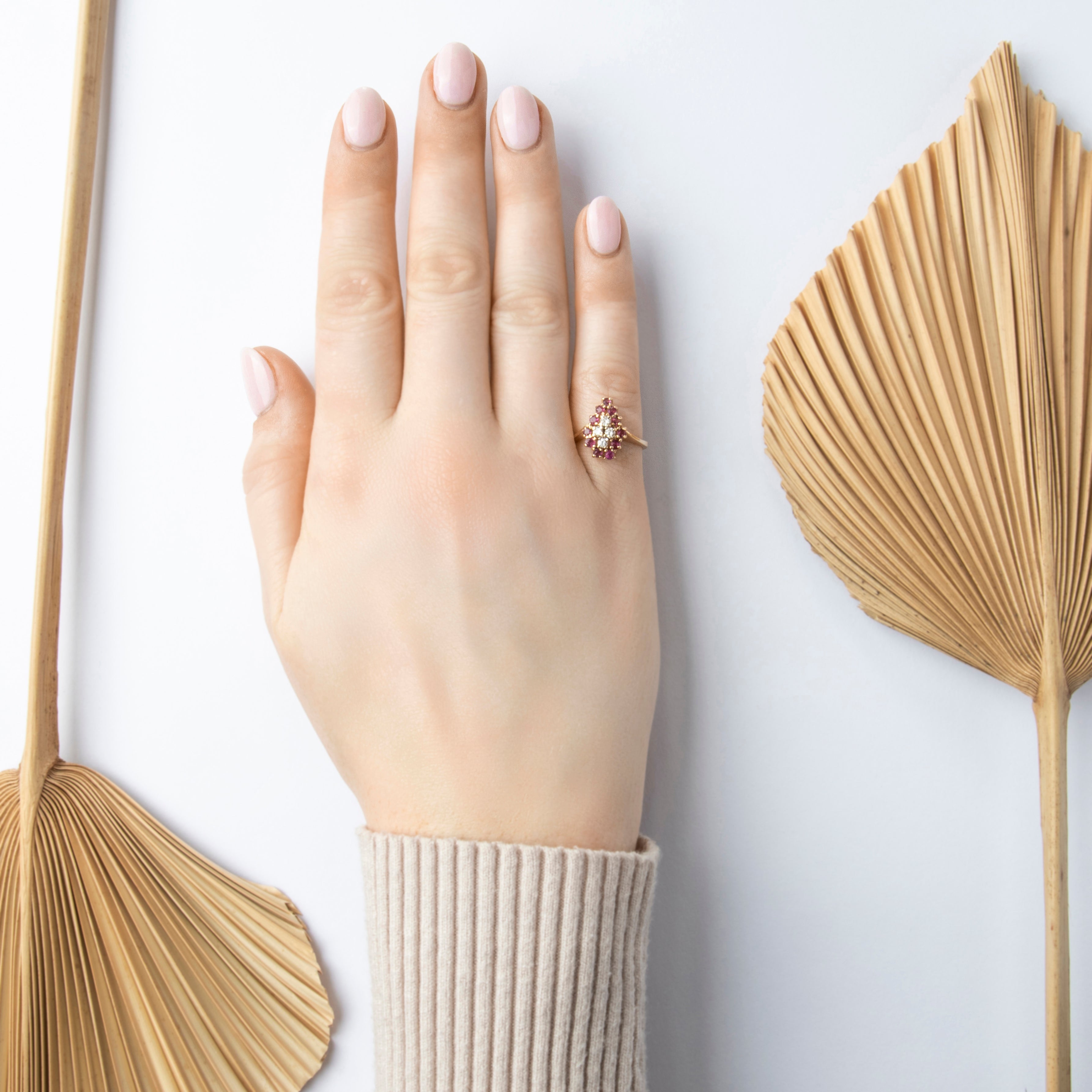 Vintage 14k Yellow Gold Ruby Diamond Cascading Pear Ring - On model view