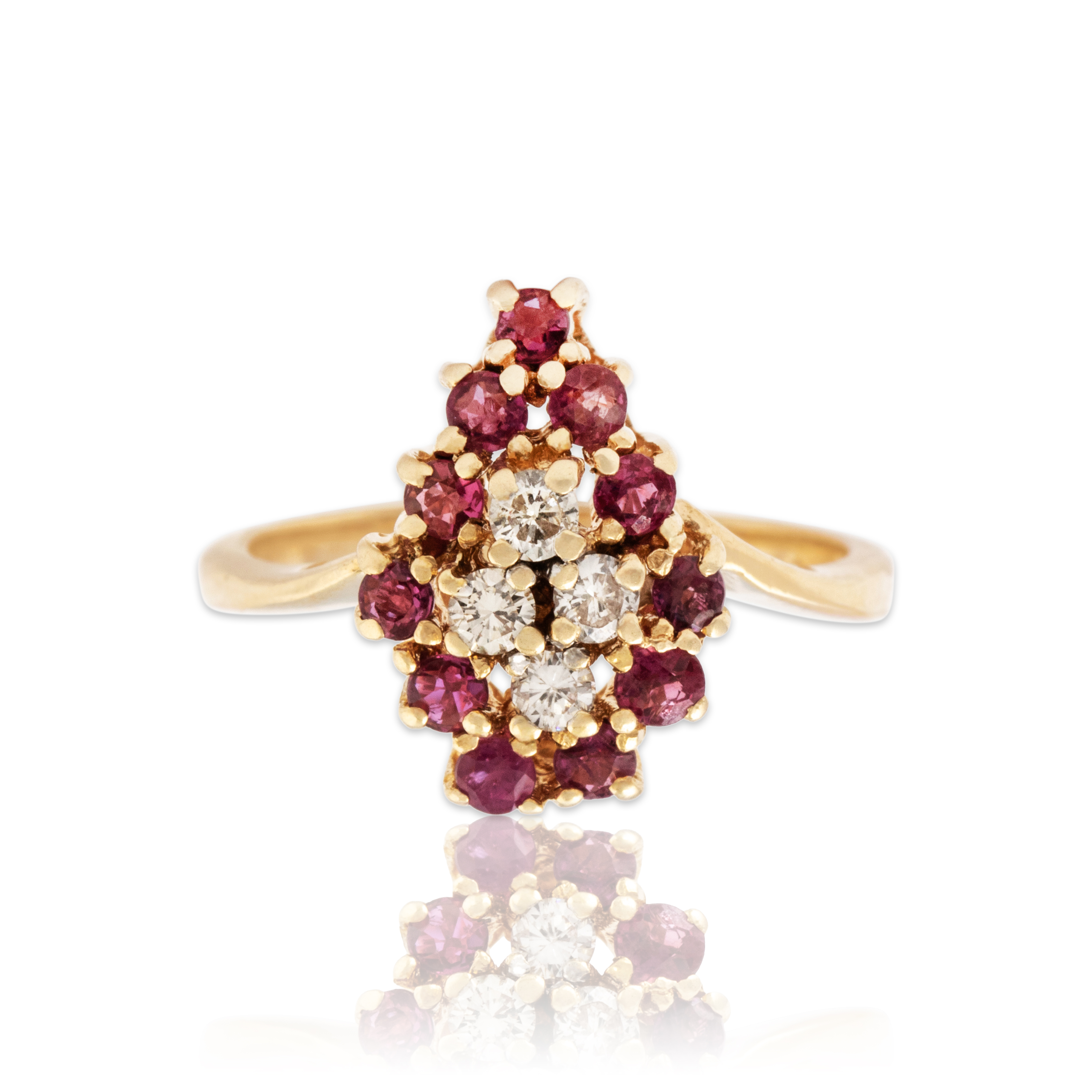 Vintage 14k Yellow Gold .41cttw Ruby Diamond Cascading Pear Cluster Ring 5.50