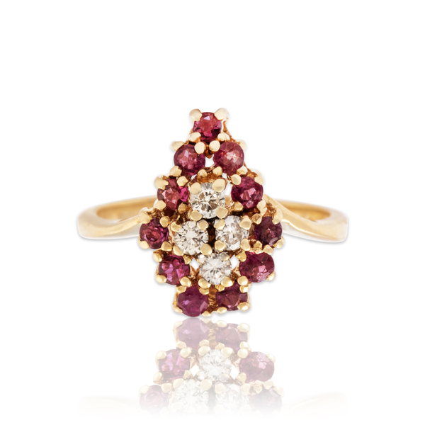 Vintage 14k Yellow Gold .41cttw Ruby Diamond Cascading Pear Cluster Ring 5.50