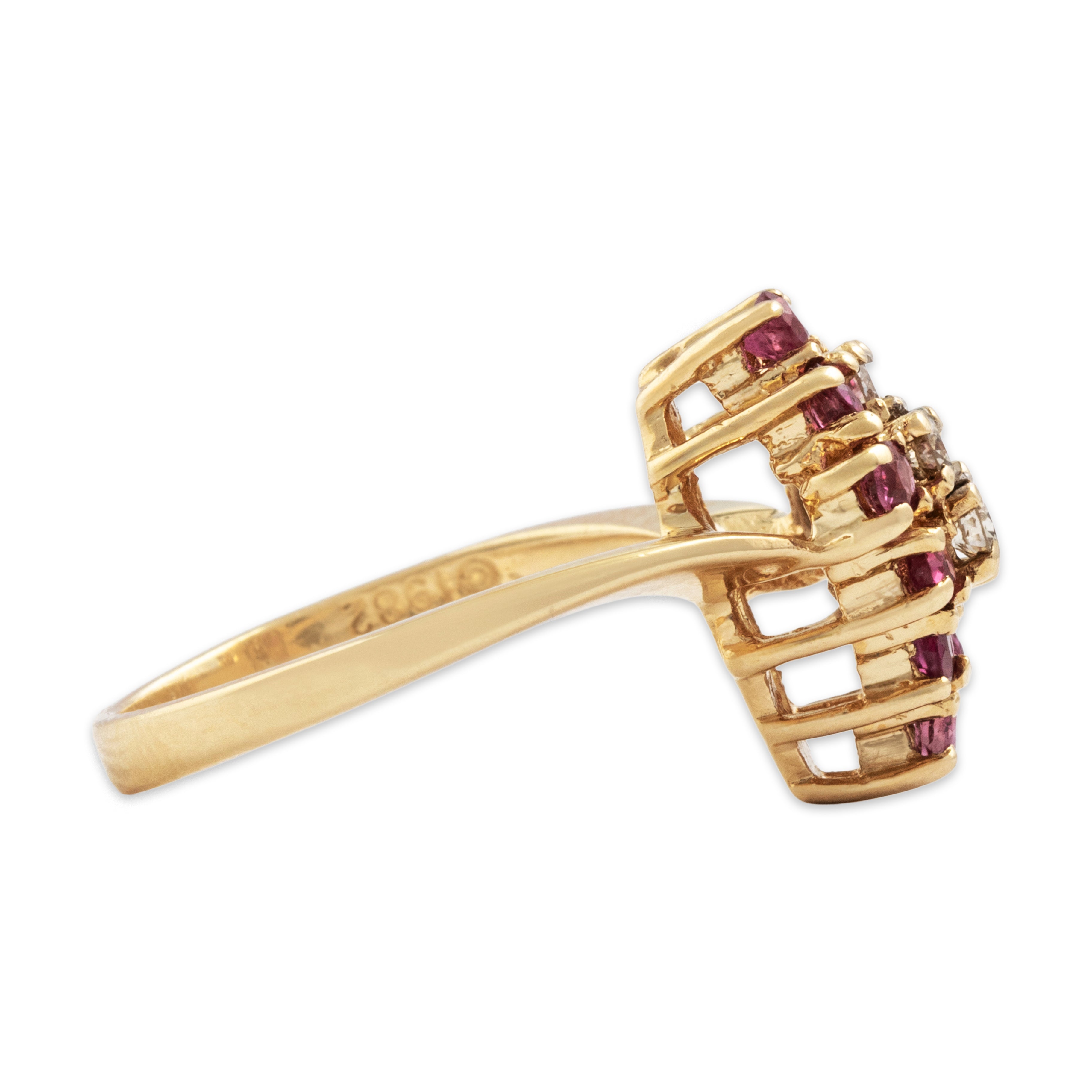 Vintage 14k Yellow Gold Ruby Diamond Cascading Pear Ring - Side view