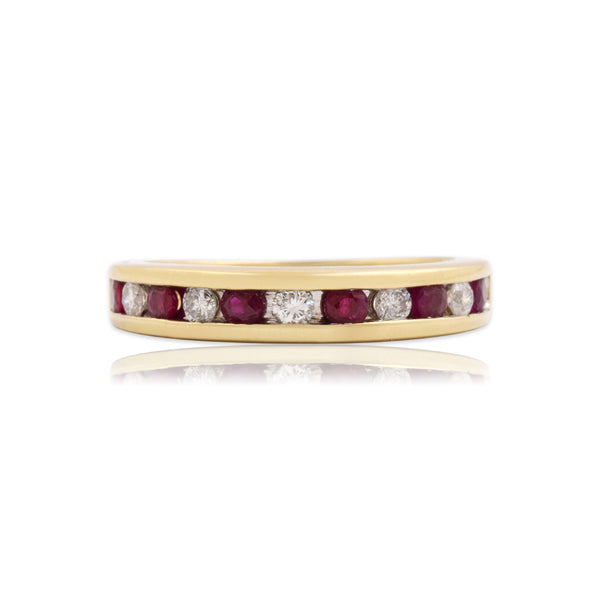 Vintage 14k Yellow Gold Ruby Diamond Sleek Alternating Channel-Set Band Ring 5.75