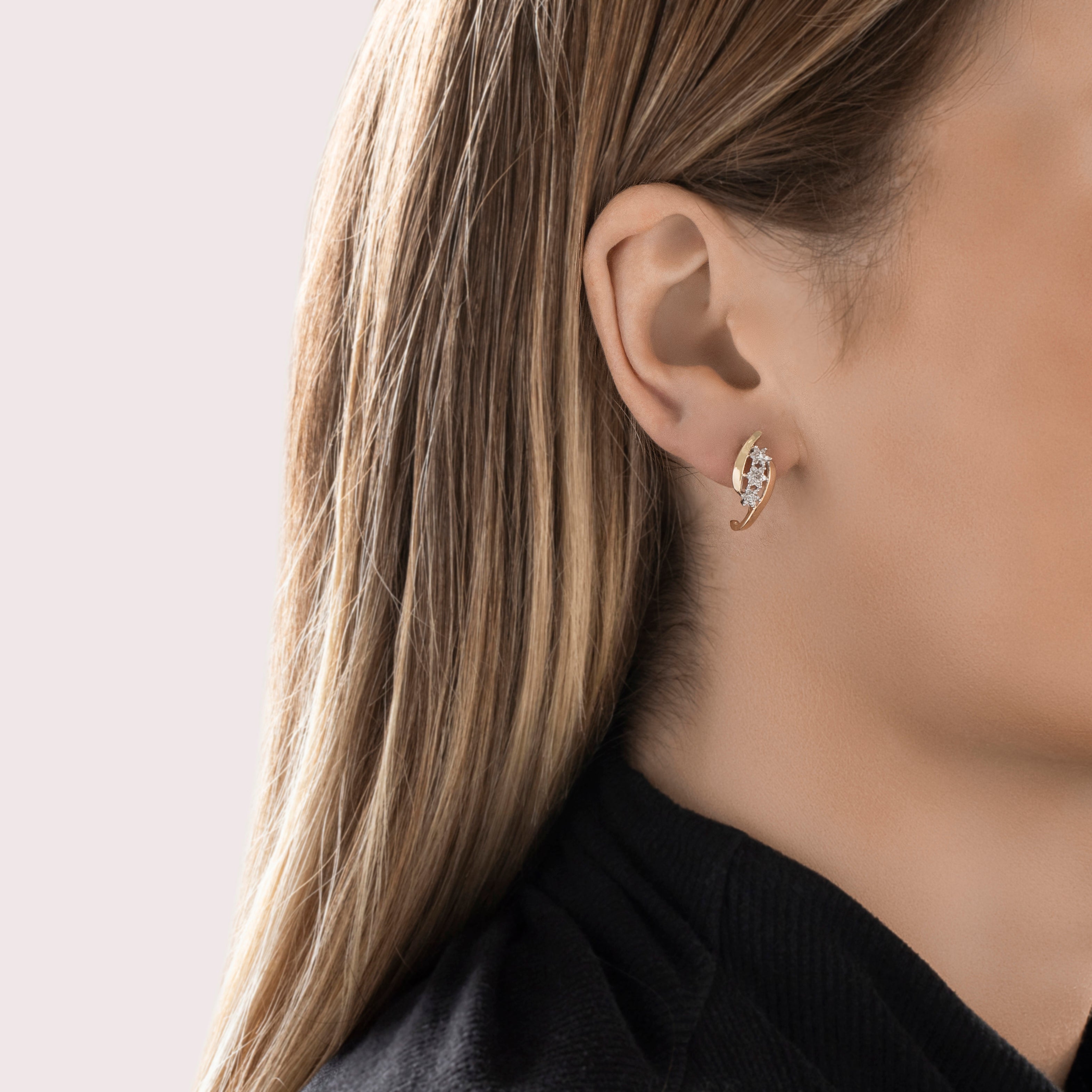 Vintage 10k Yellow Gold Diamond Triple Flower Stud Earrings - On model view