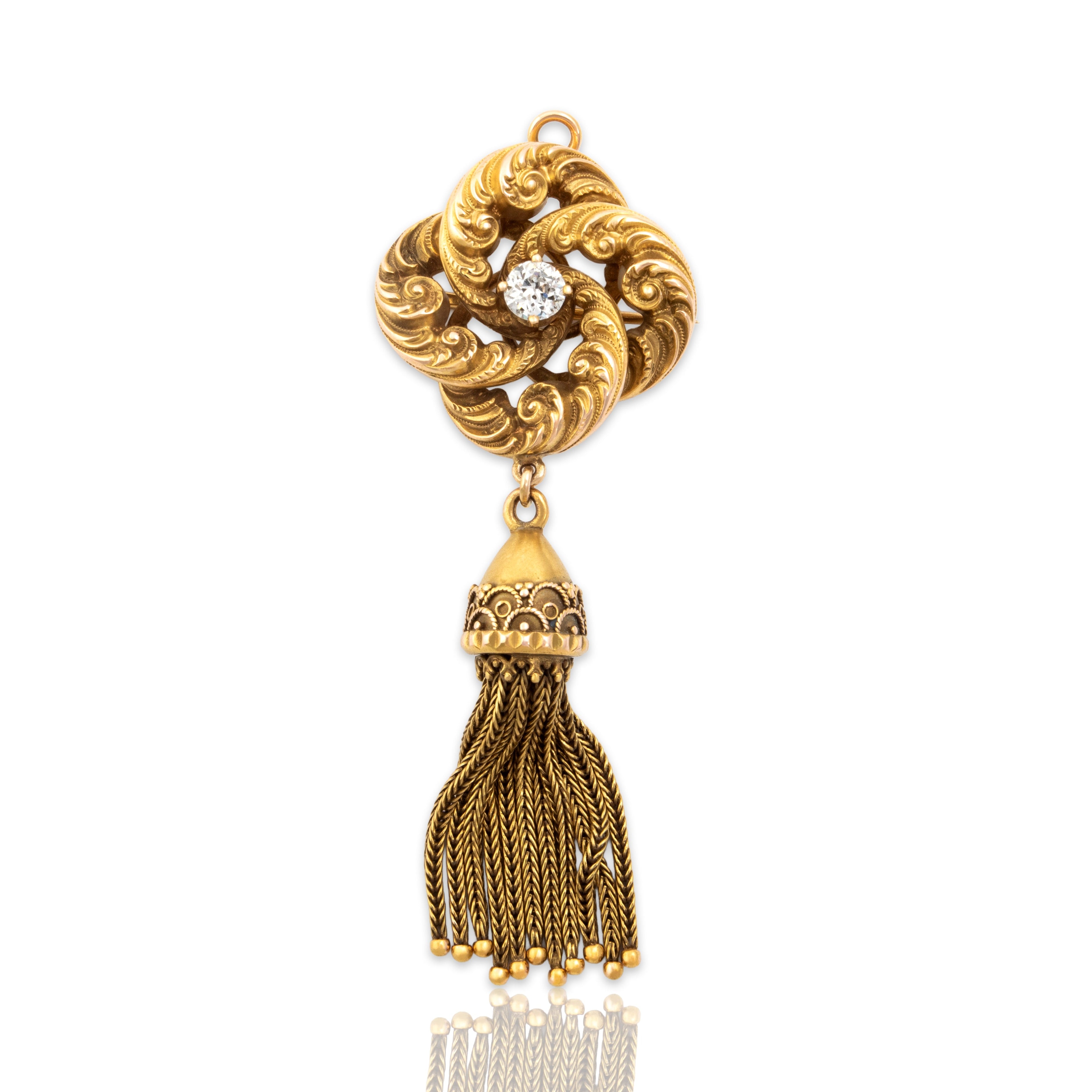 Antique Victorian Substantial 18k Yellow Gold Old European Cut Diamond Fringe Dangle Lover's Knot Pin / Pendant - Close-up view